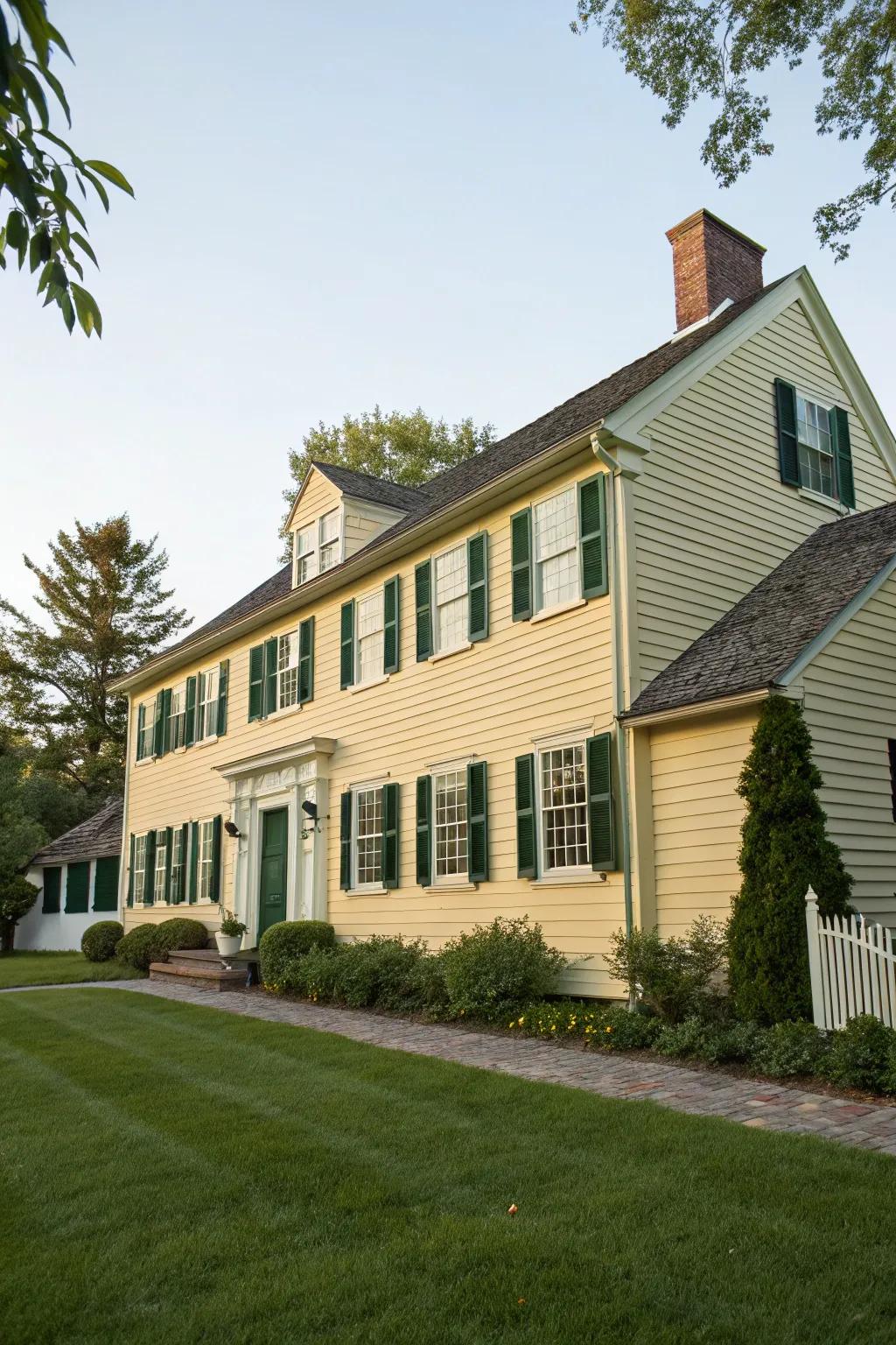 A warm and inviting colonial house with a light amber frontage and dark verdant window coverings.