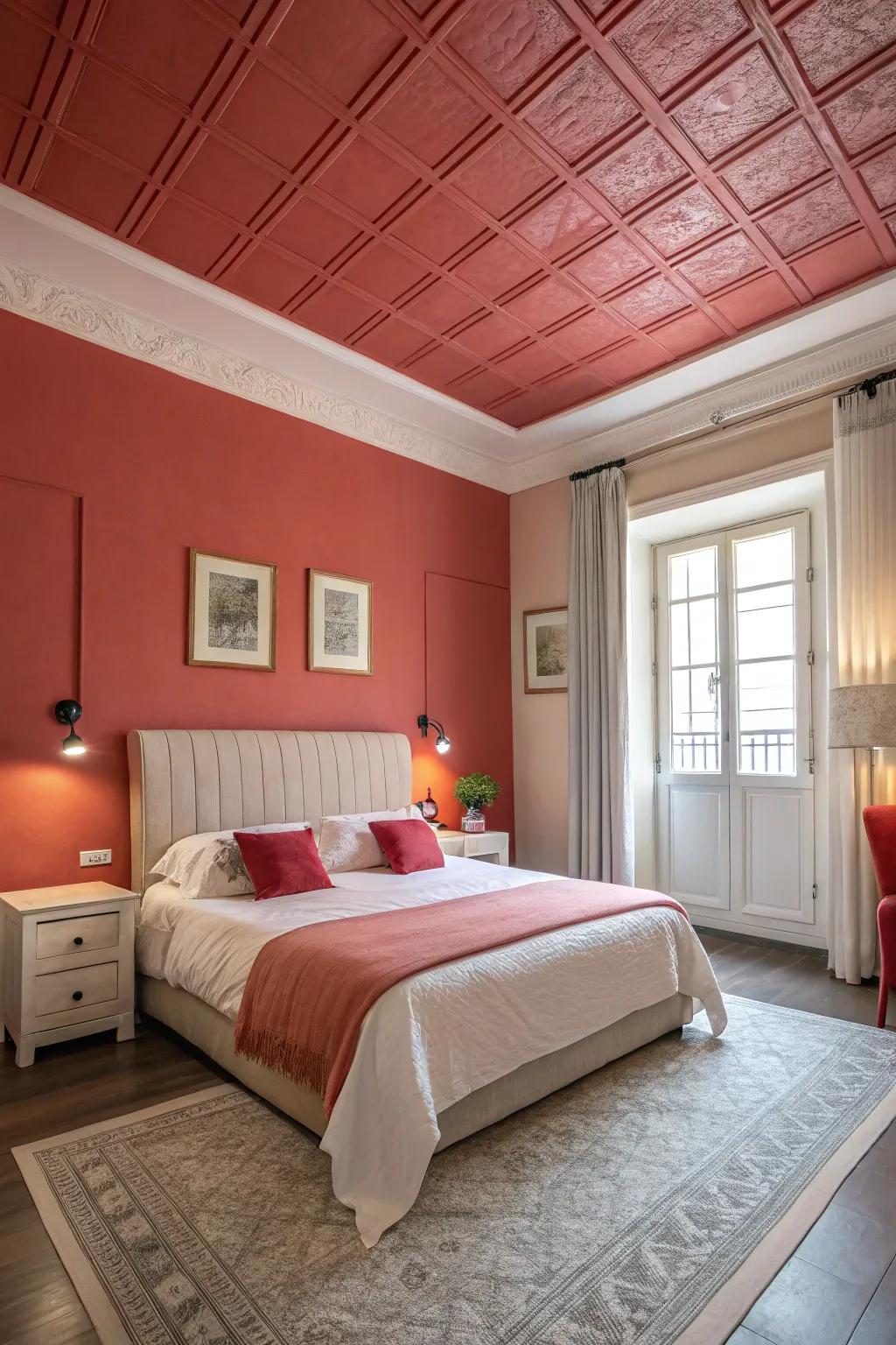 A bold ceiling choice adds a sense of enclosure and unity to this bedroom.