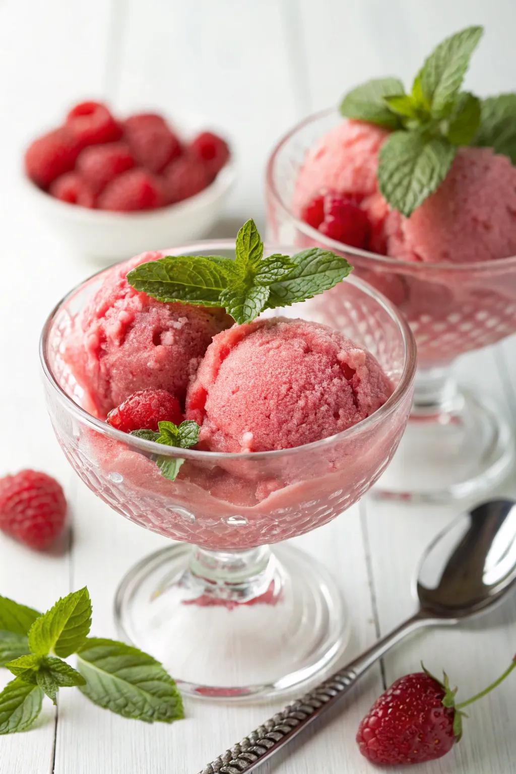 A delightful serving of raspberry ice giving a sweet end to the meal.