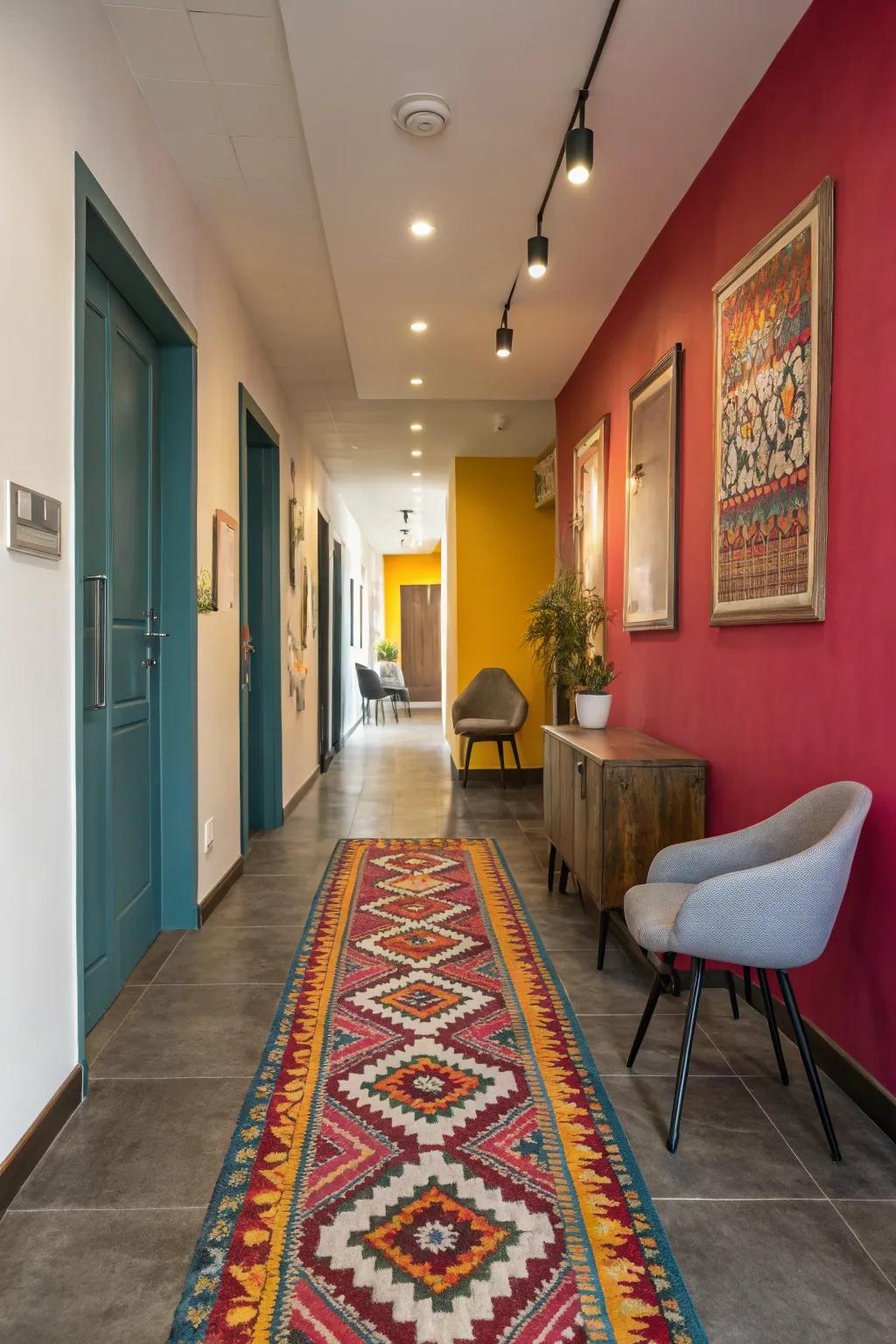 A vibrant path rug can inject warmth and design to your hallway.