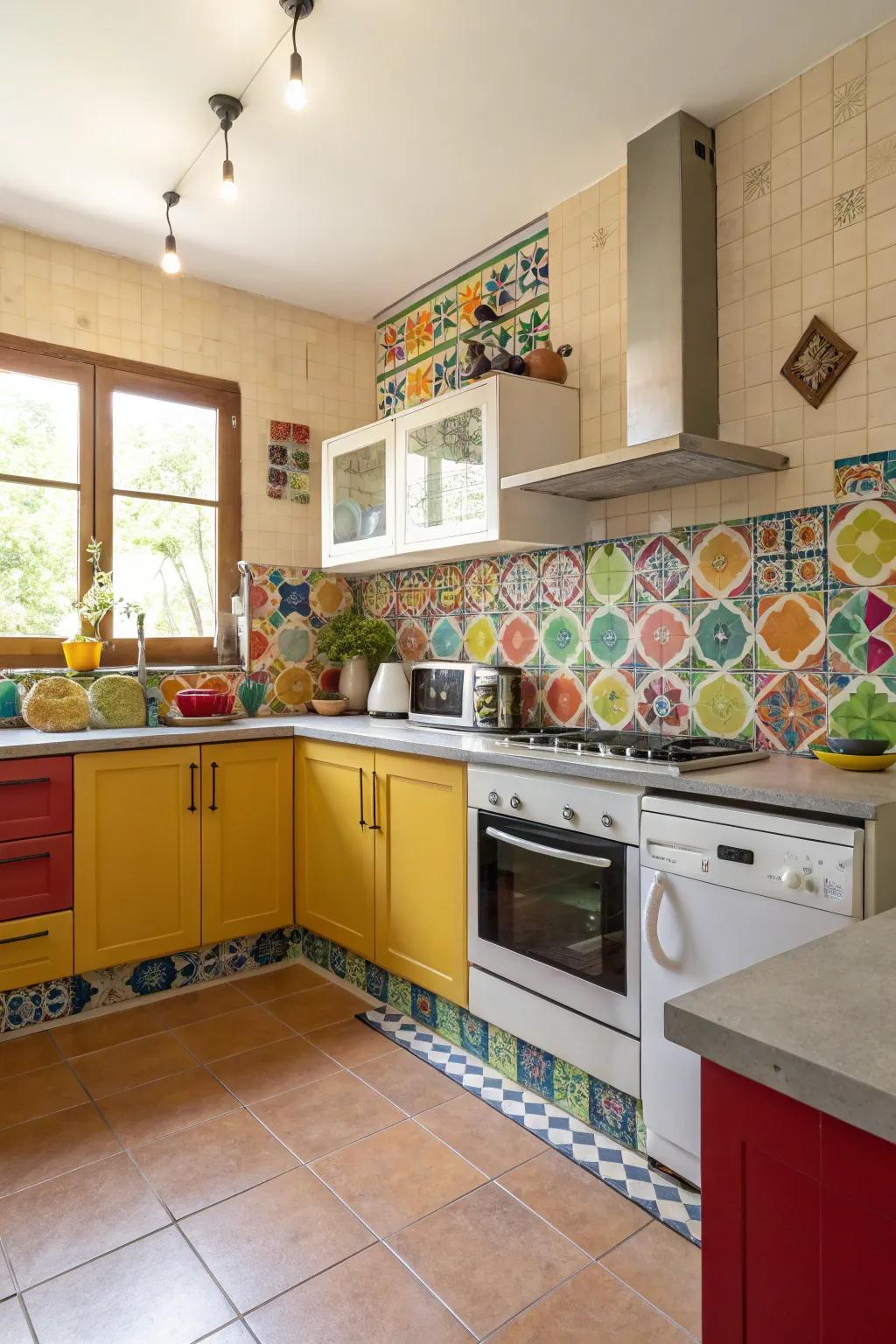 A vibrant backsplash contributes character and color to the cooking area.