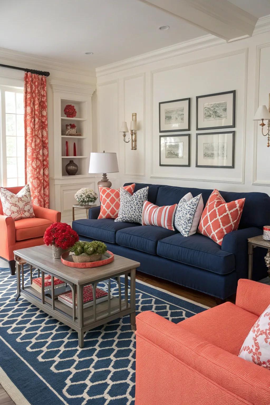 Contrasting color palettes of navy and coral fashion a daring and balanced living room.