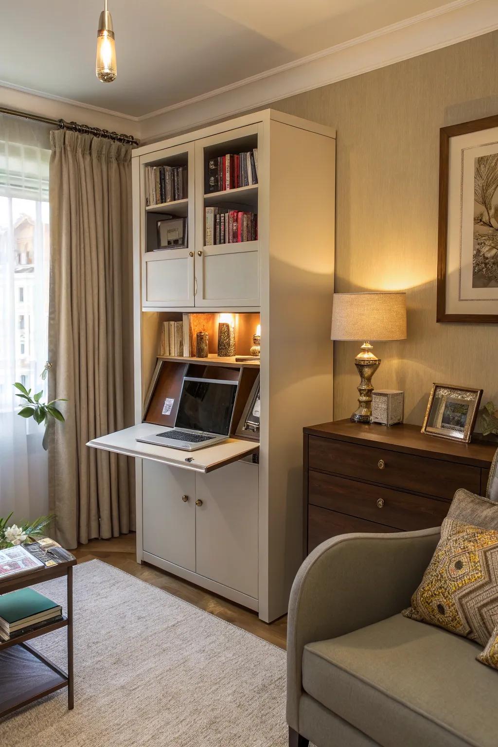A hidden office helps the living room appear uncluttered.