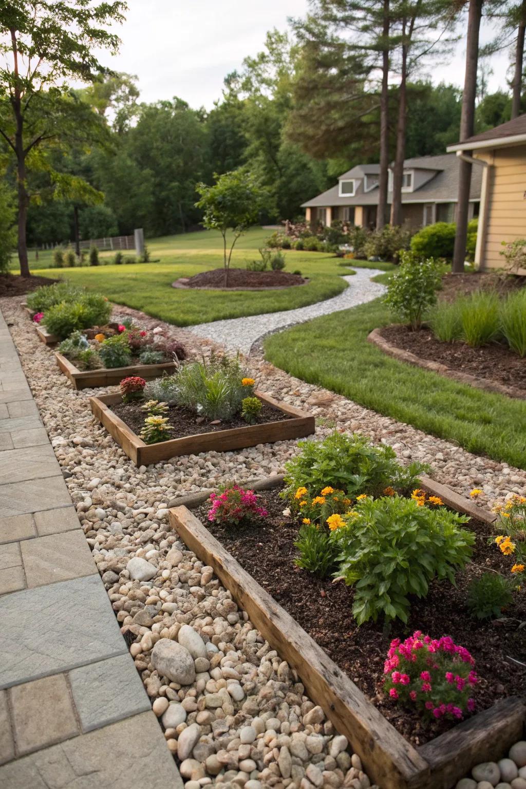 Mulch and pebbles add texture and reduce maintenance.