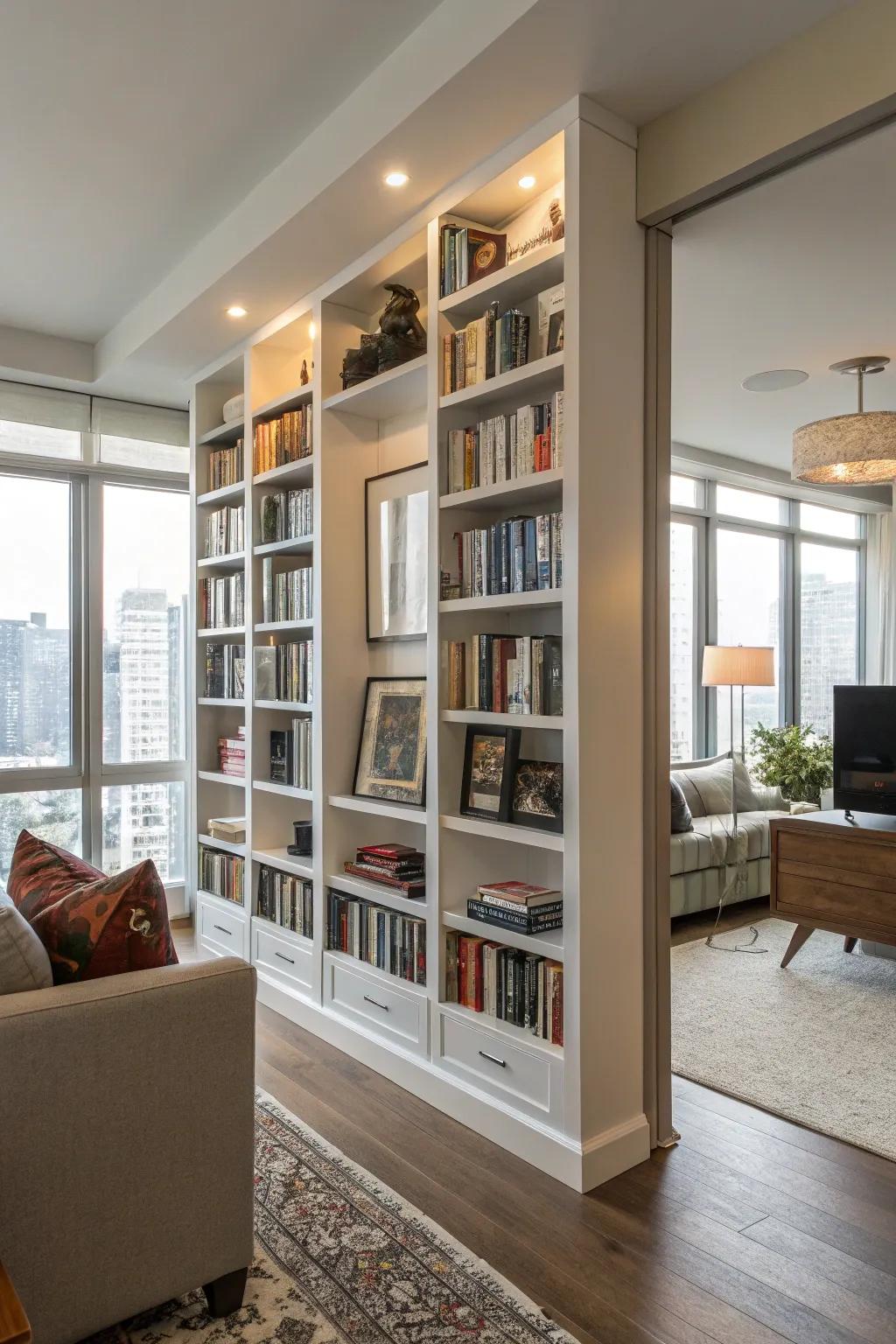 A condo living room featuring tall bookshelves that make excellent use of vertical space.