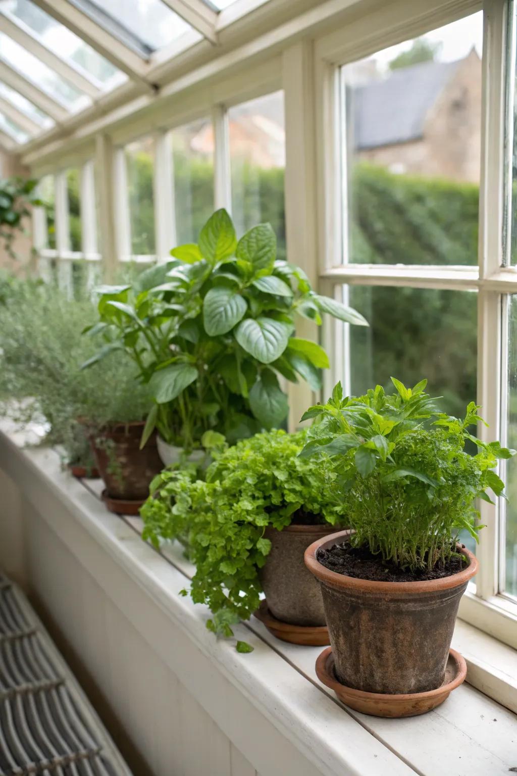 A petite spice garden thriving in a sunroom.