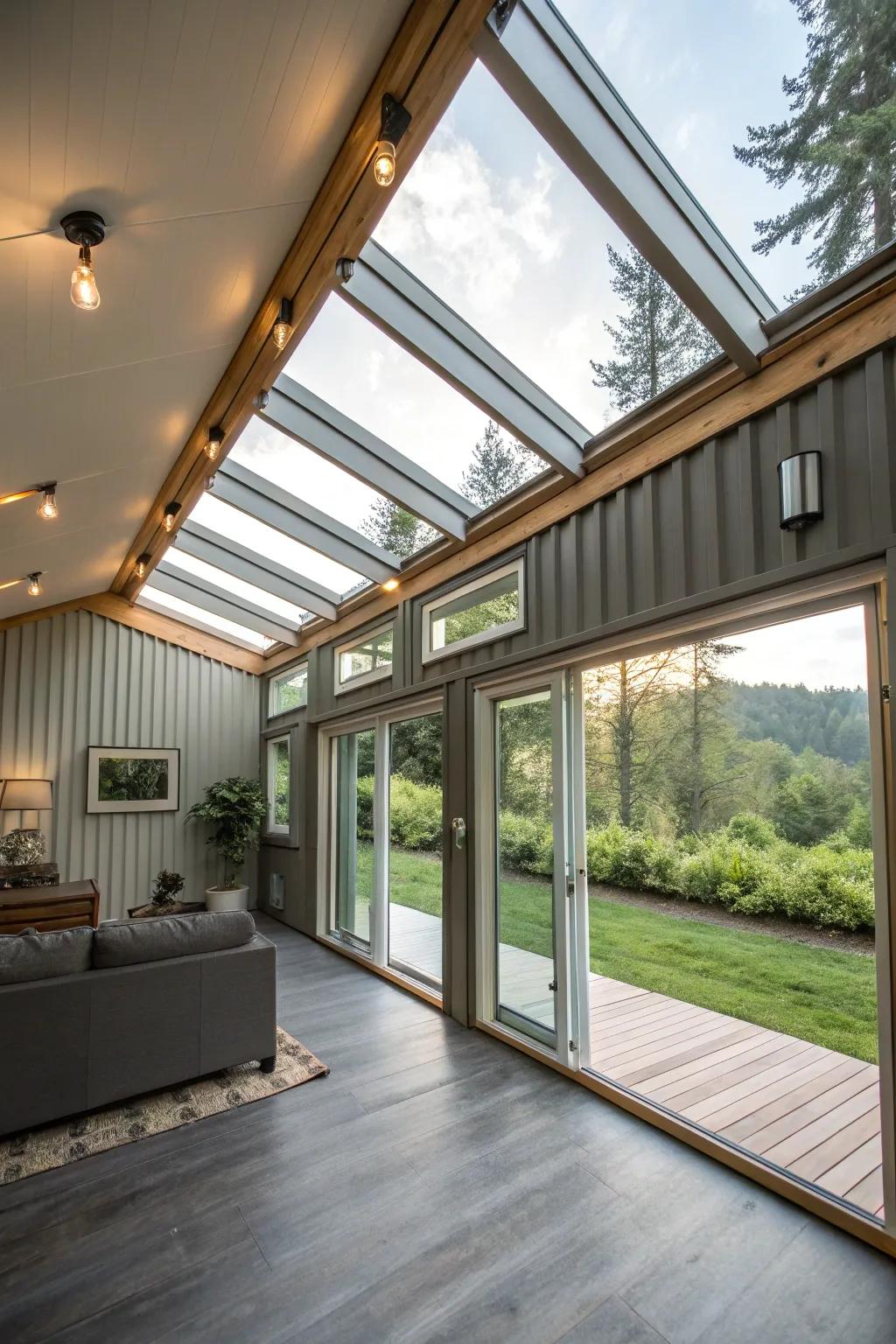 A container home filled with natural light through expansive windows and skylights.