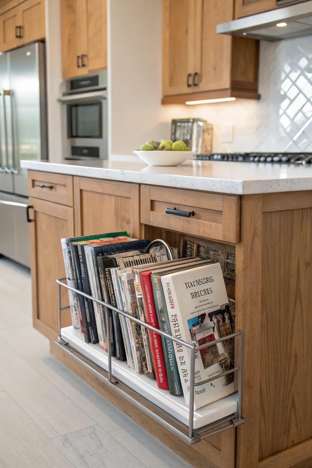 Recessed racks are a space-saving solution for cookbook storing.