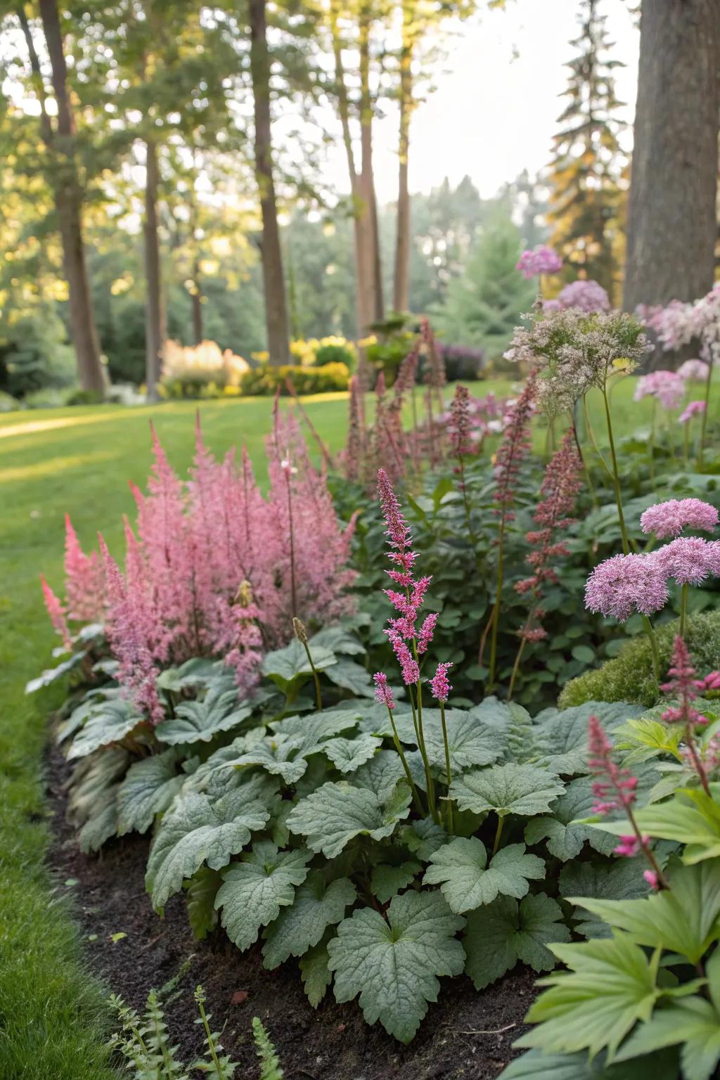 Huecheras matched with lungwort and astilbe in a balanced shady garden.
