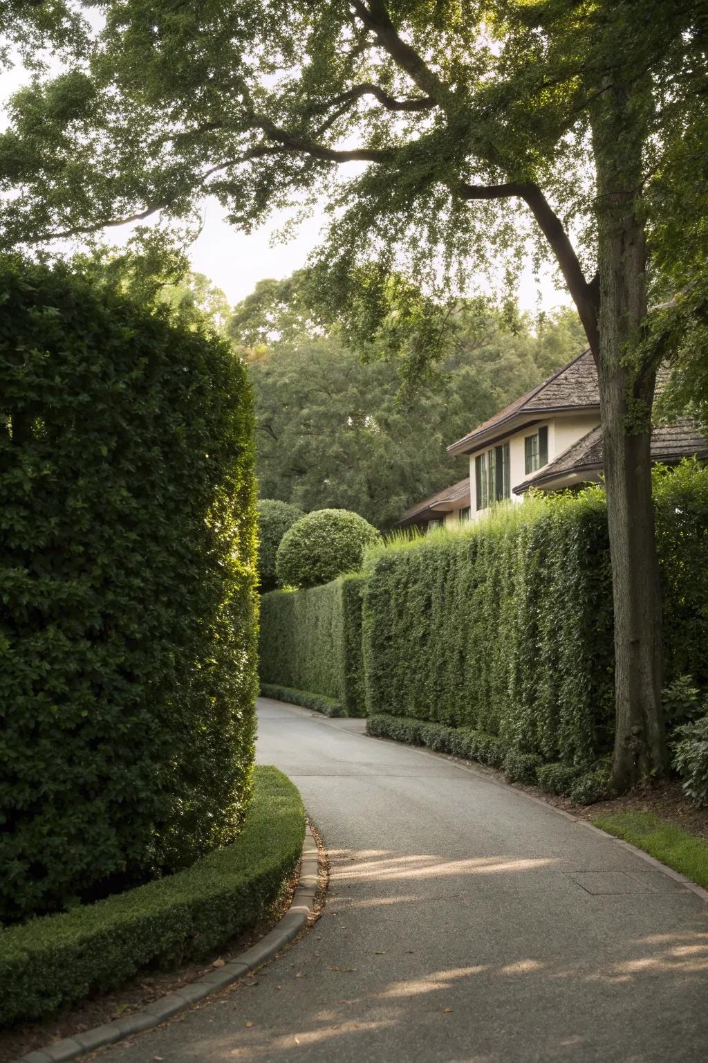 Hedges offering privacy and a lush green backdrop.