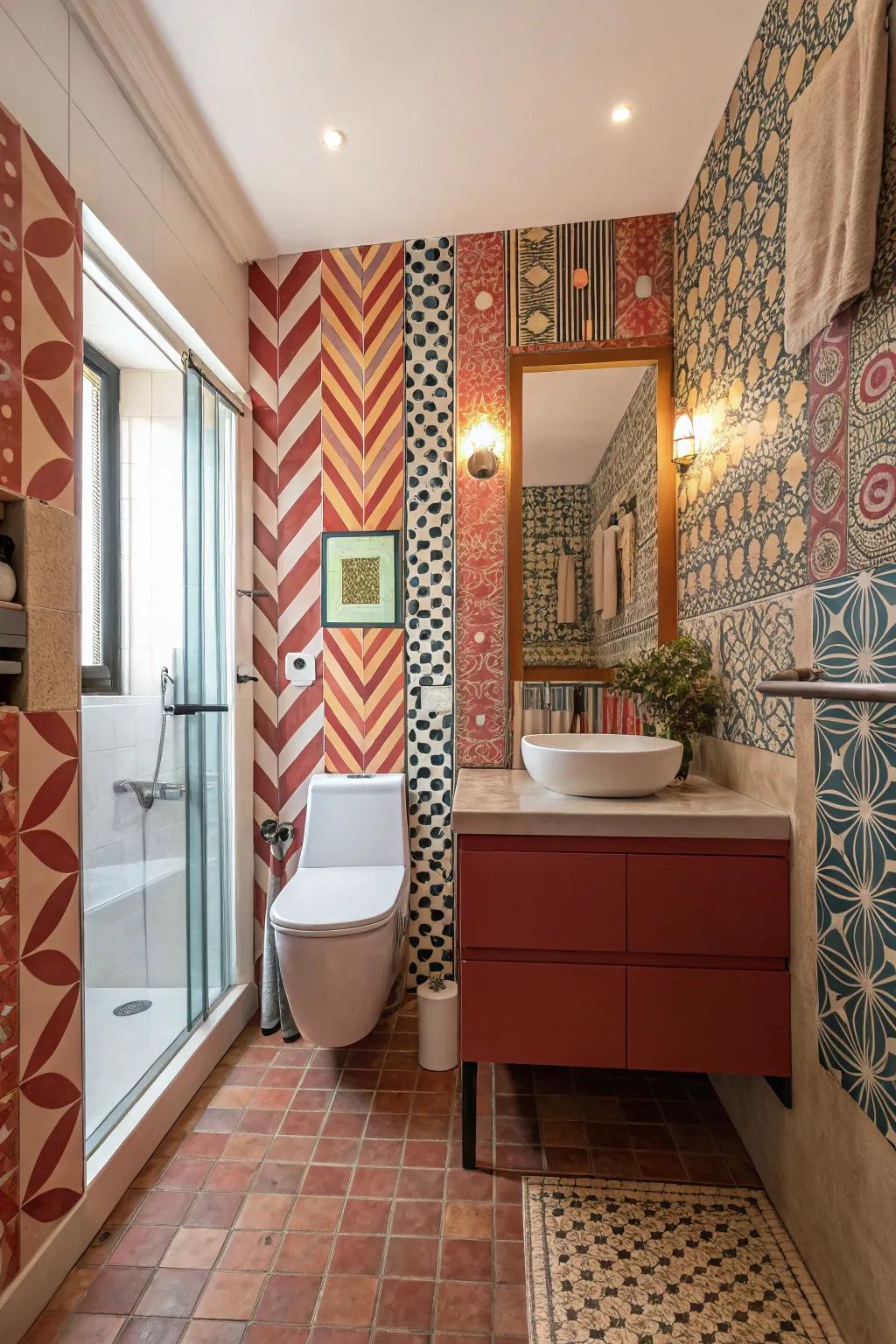 Striking patterns creating a statement in a cottage bathroom