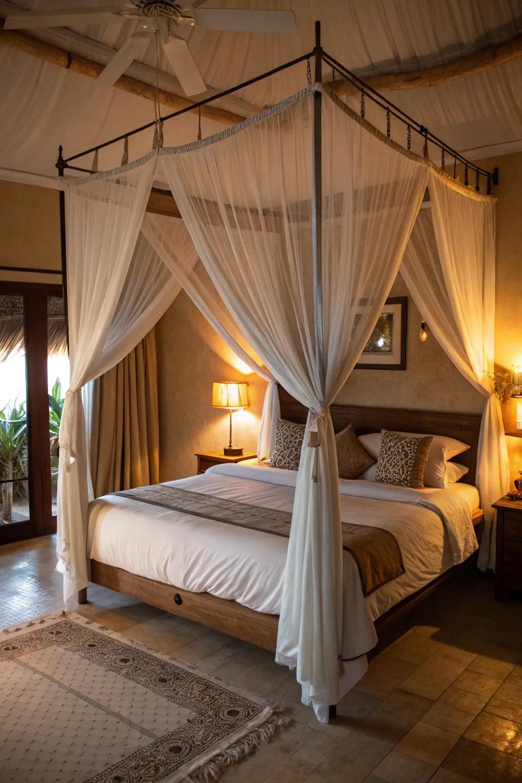 A bedroom transformed into a fairy-tale retreat with a delicate canopy.