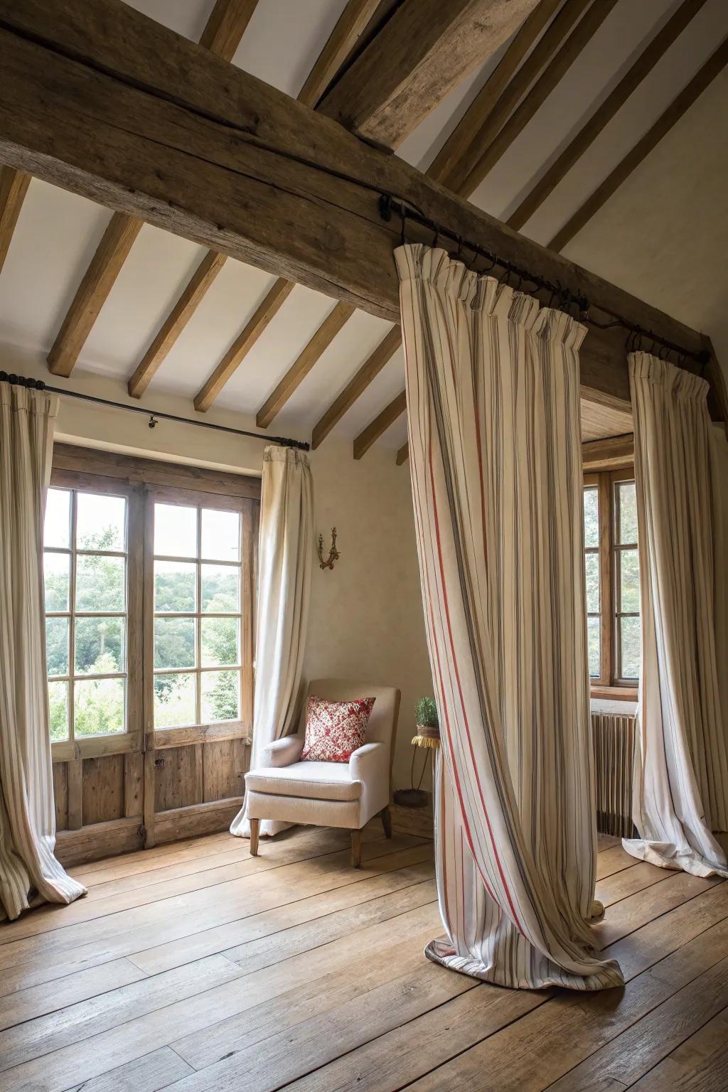 Striped drapes add timeless charm and enhance vertical space.