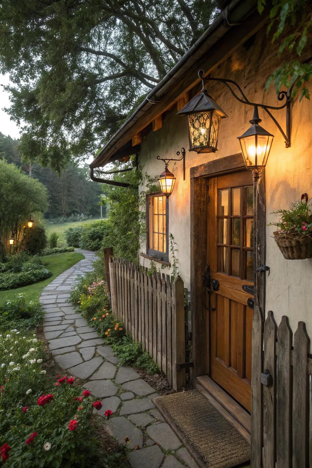 Antique illumination fixtures append toasty charm to a cottage facade.