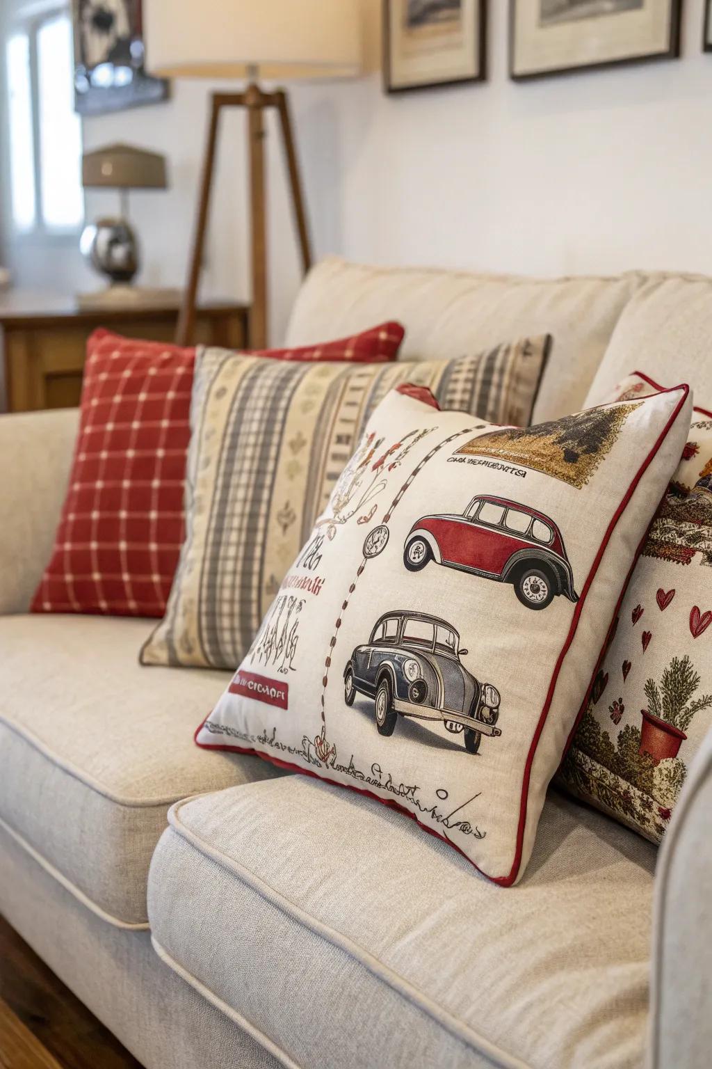 Classic cushions add nostalgic charm to the décor.