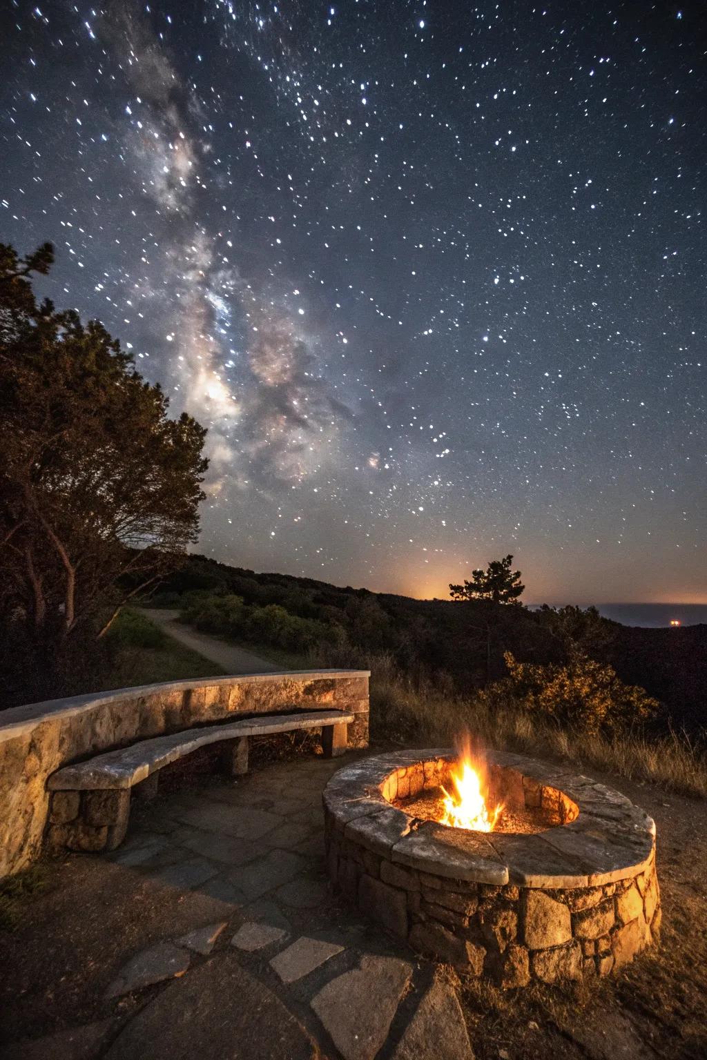 Stone benches provide both seating and a simple aesthetic to your fire pit zone.