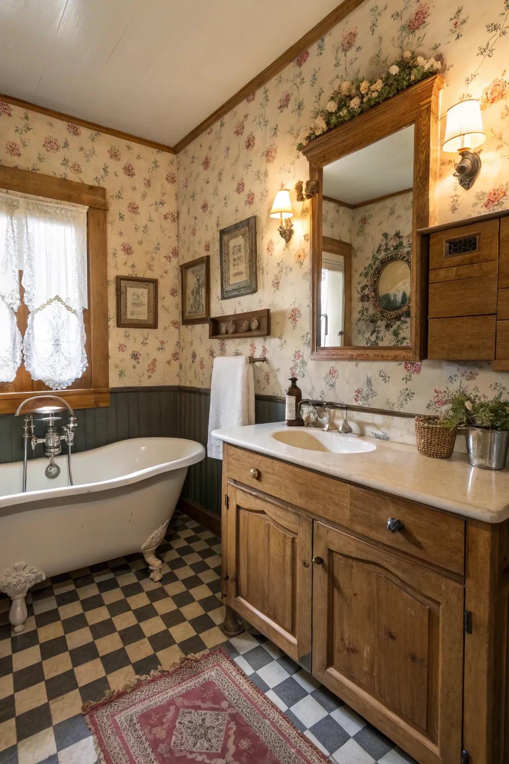 Vintage hardware brings a nostalgic charm to this rustic bathroom.