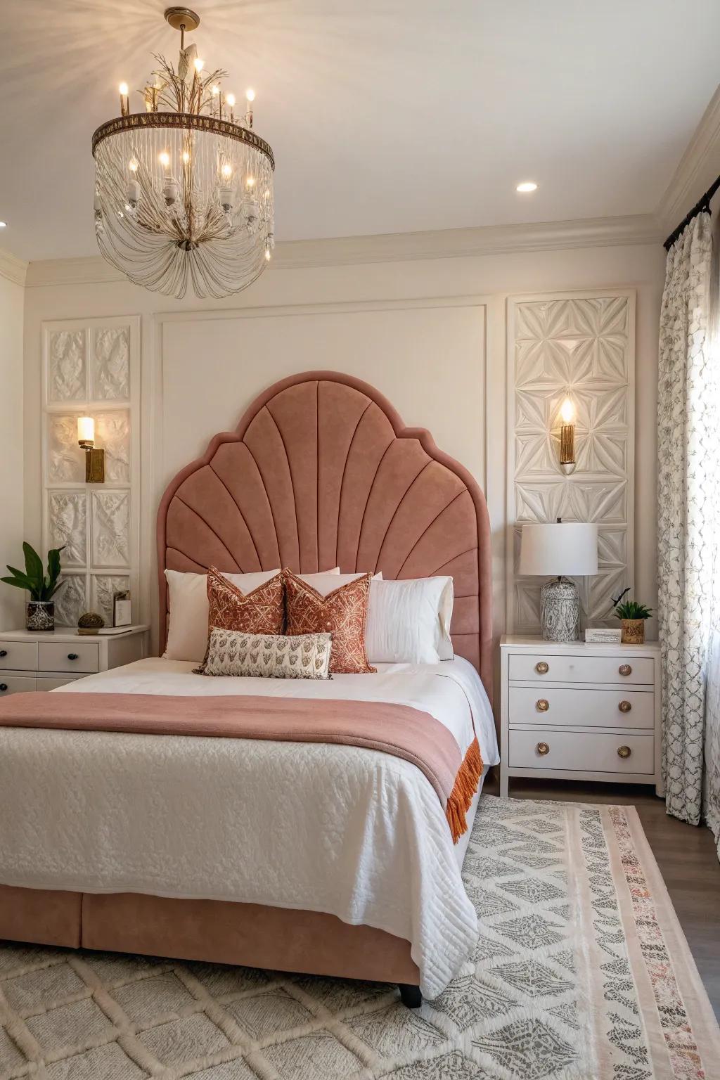 A declaration headboard integrates grace and focus.