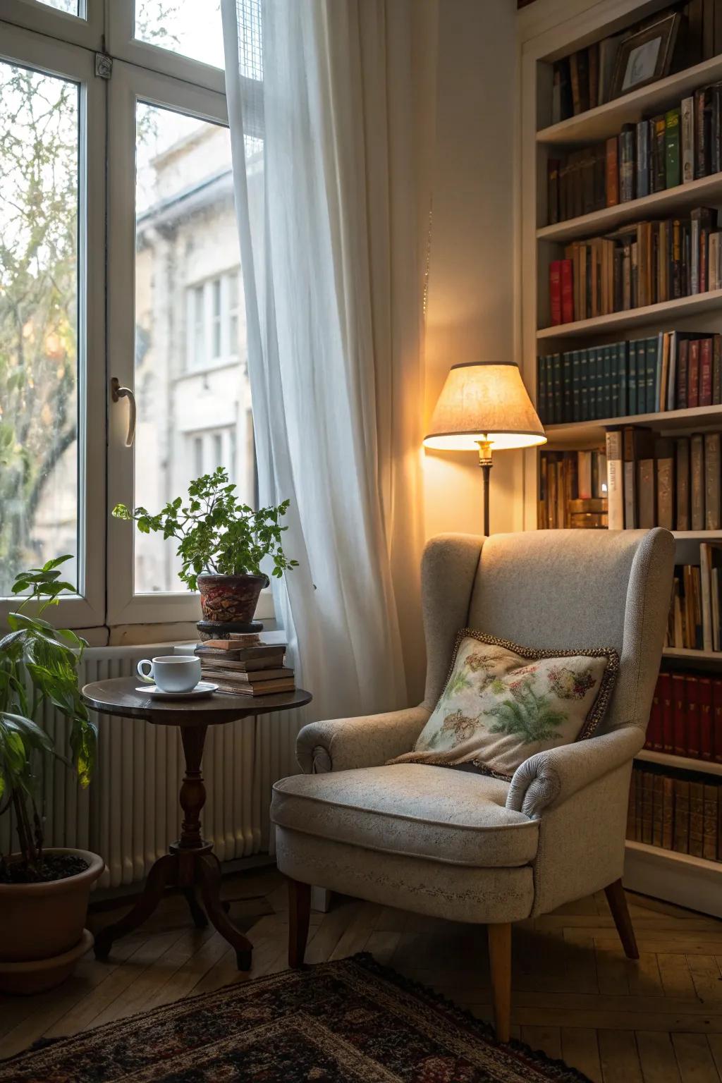 A reading alcove proffers an impeccable sanctuary for relaxation.