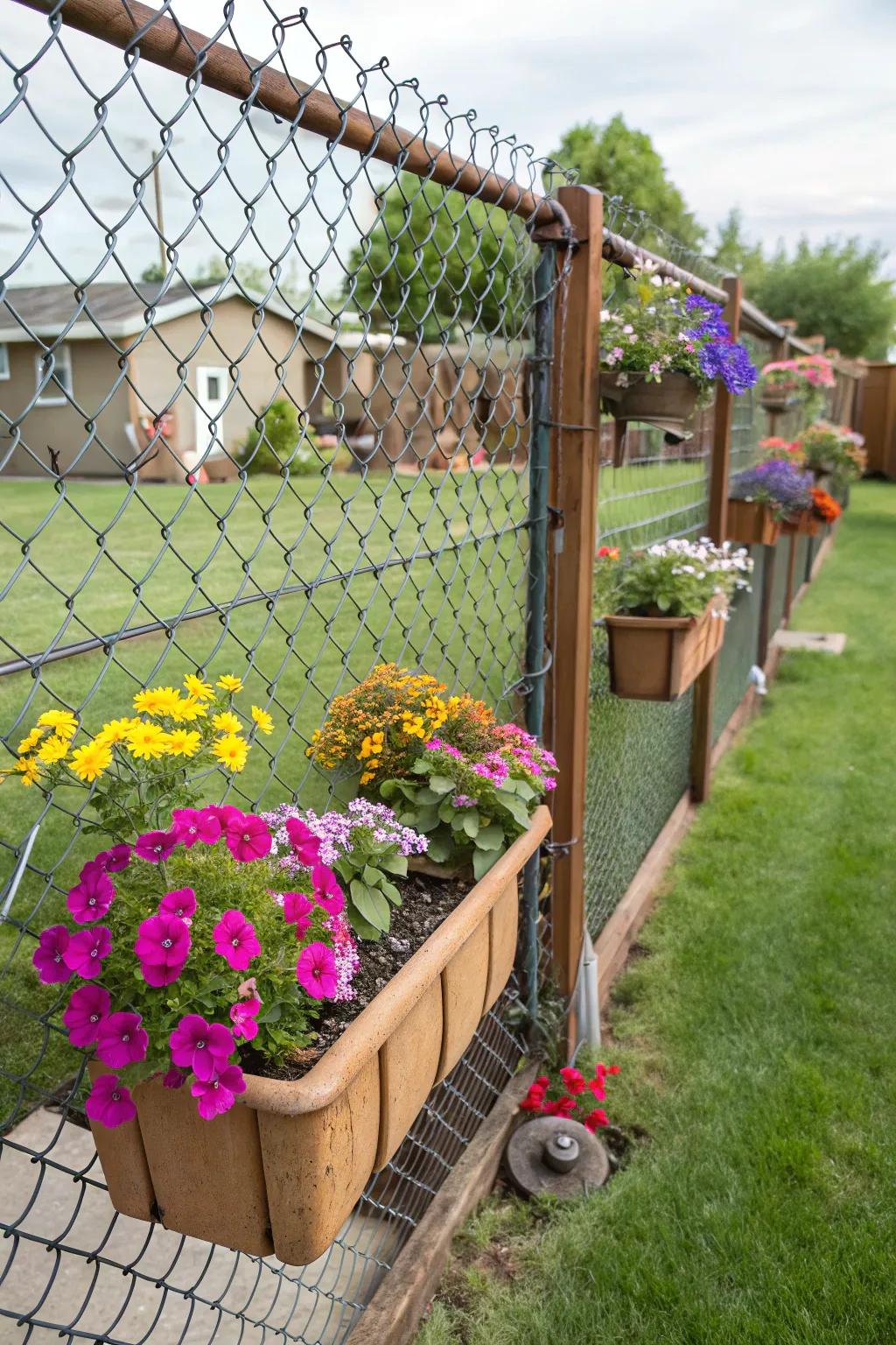 Affixed planters bring a burst of color and creativity to steel wire fencing.