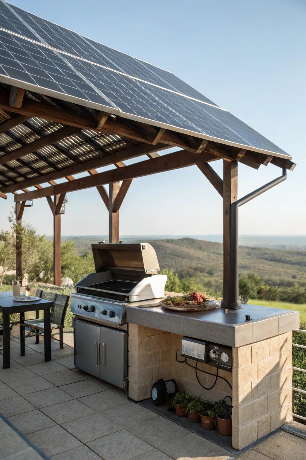 A solar tile roof powering an eco-sound grilling space.
