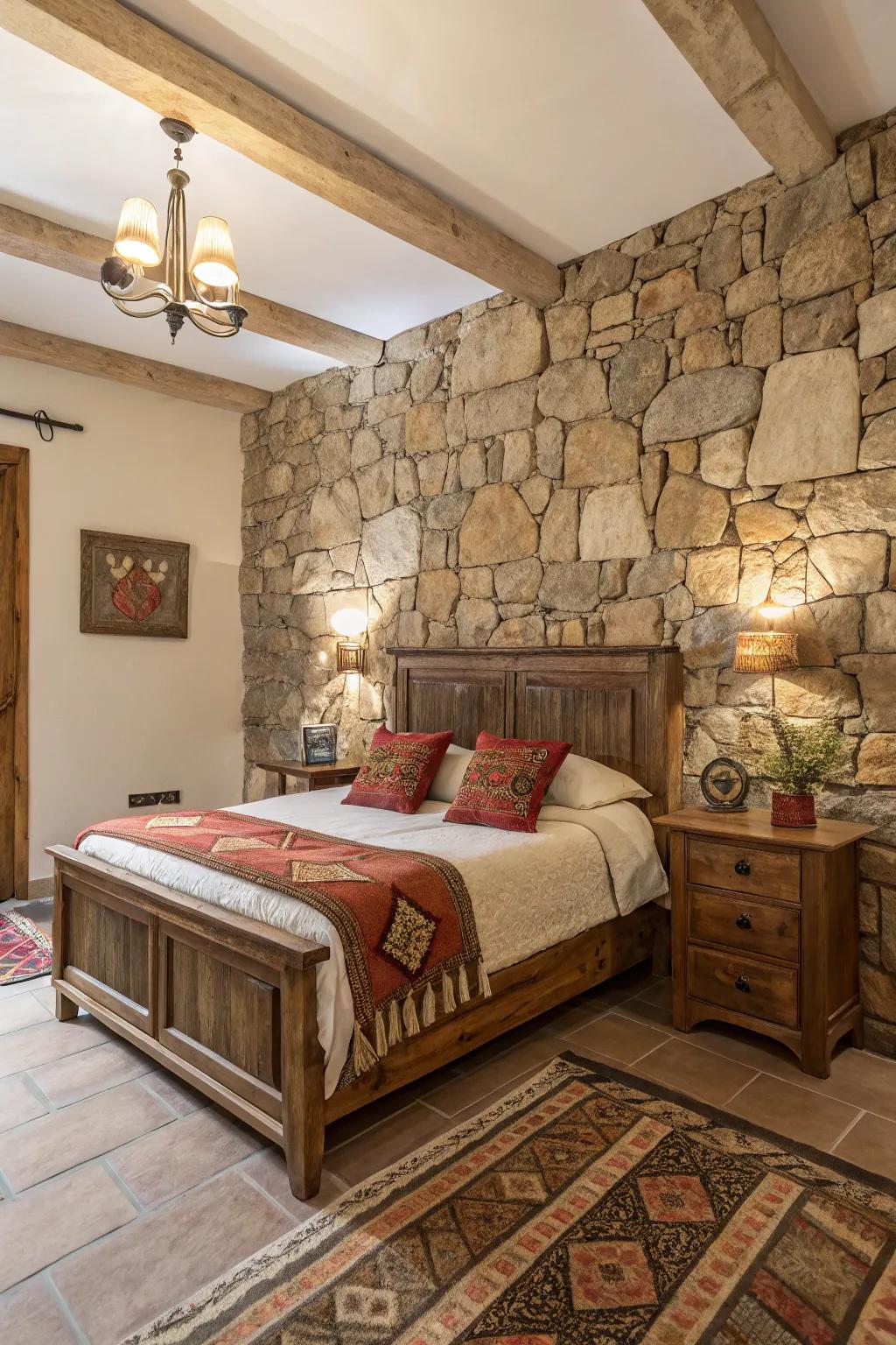A bedroom enhanced by a striking natural rock feature wall.