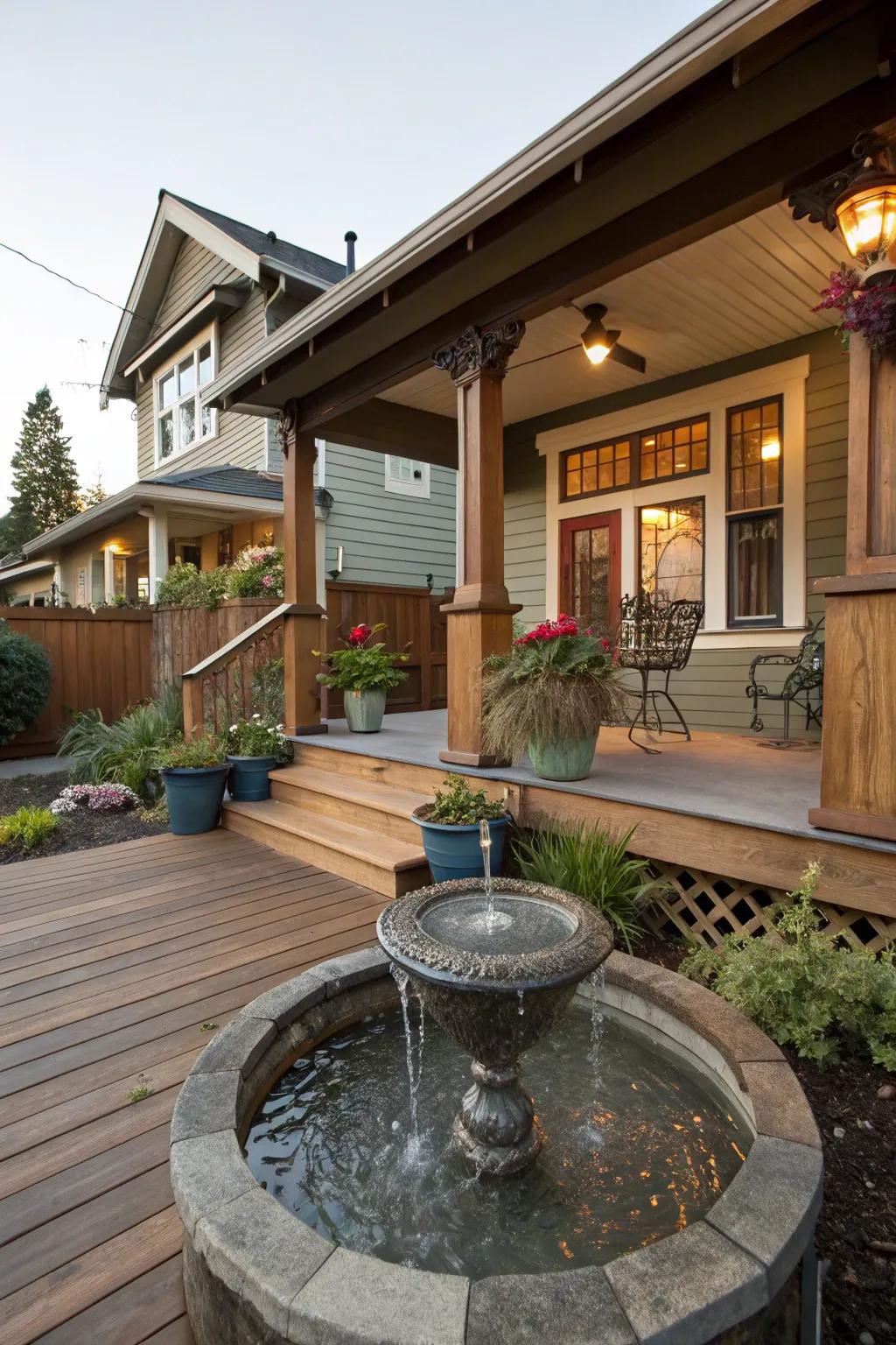 A water feature gives the porch a tranquil vibe.