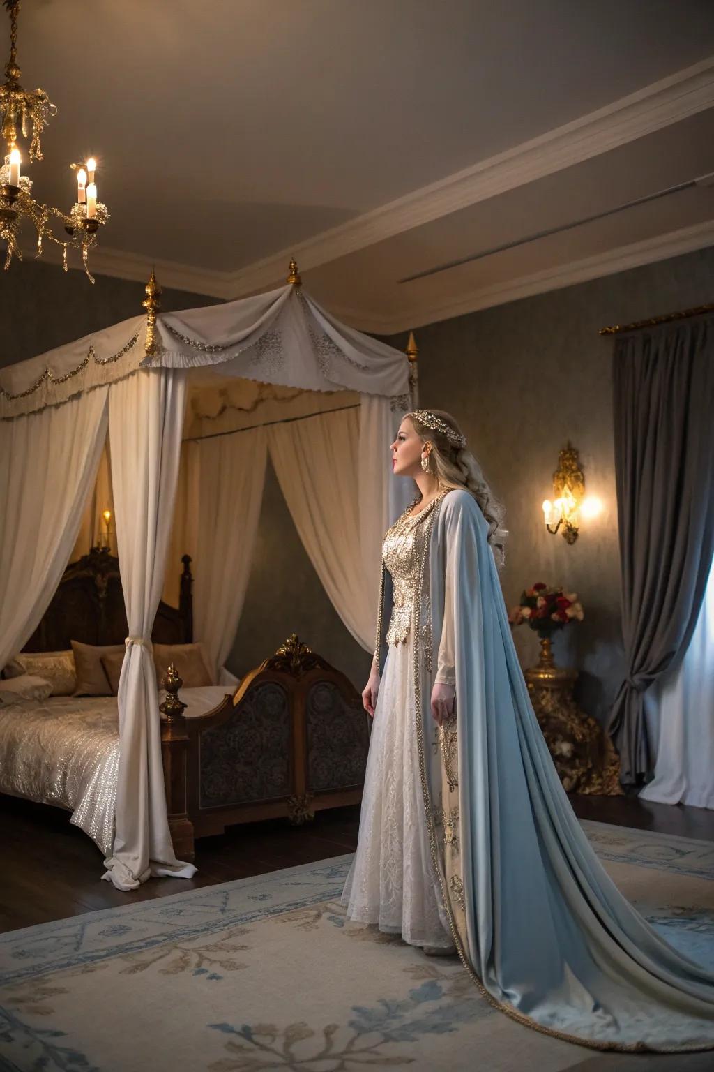 A fantastical attire fashions a whimsical boudoir depiction.