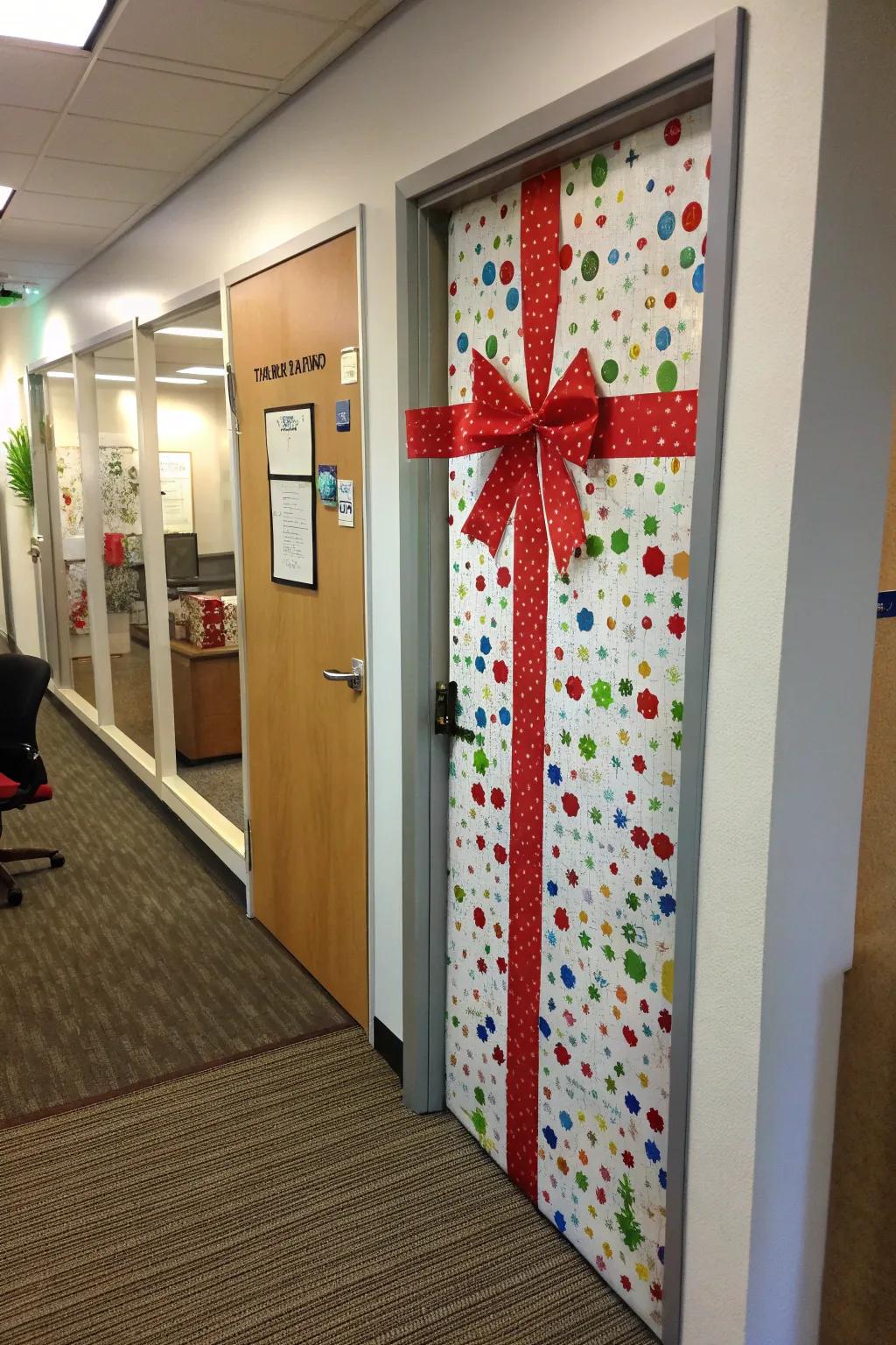 Turn office entrances into enormous presents for a playful celebratory touch.