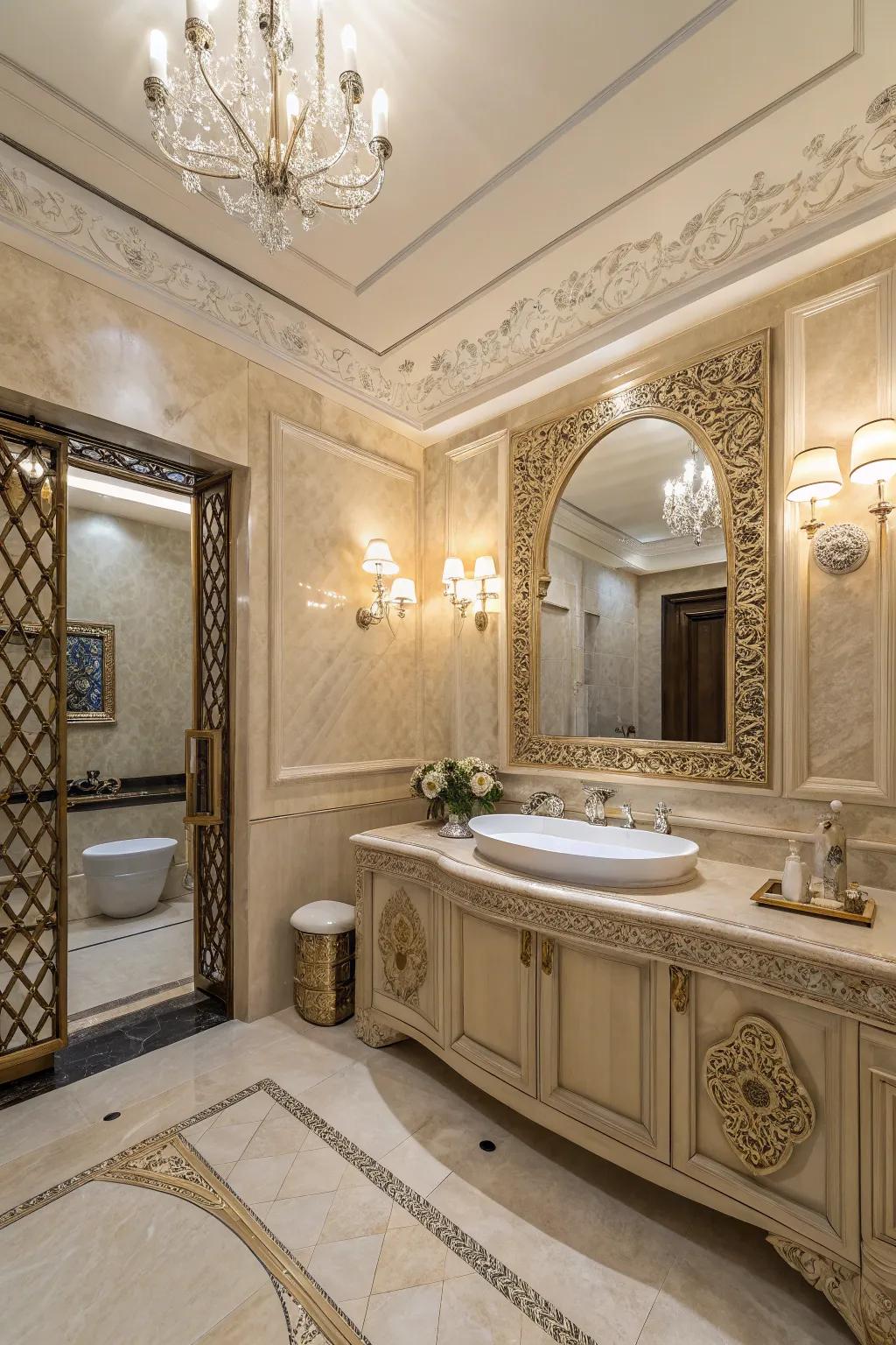 Fancy particulars introduce character to an ivory dream bathroom.