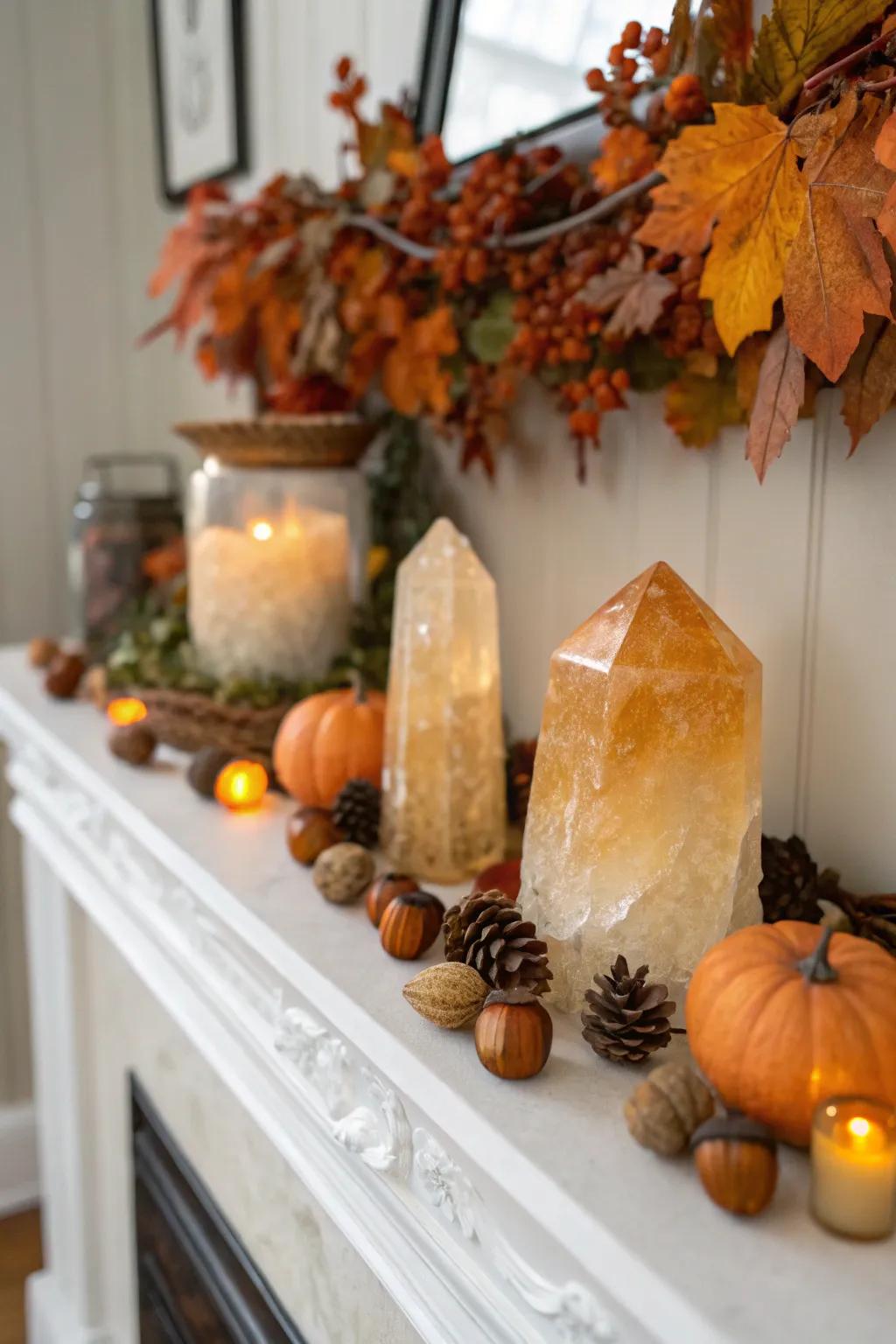 A mantel decorated with citrine crystals for a fall theme.