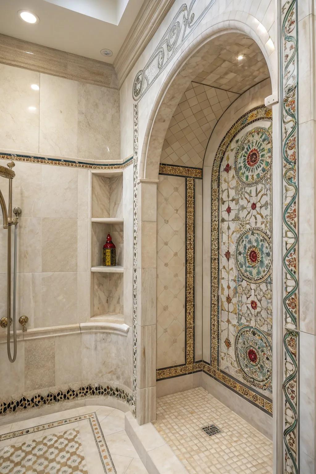 Decorative accents can transform manufactured stone showers into works of art.