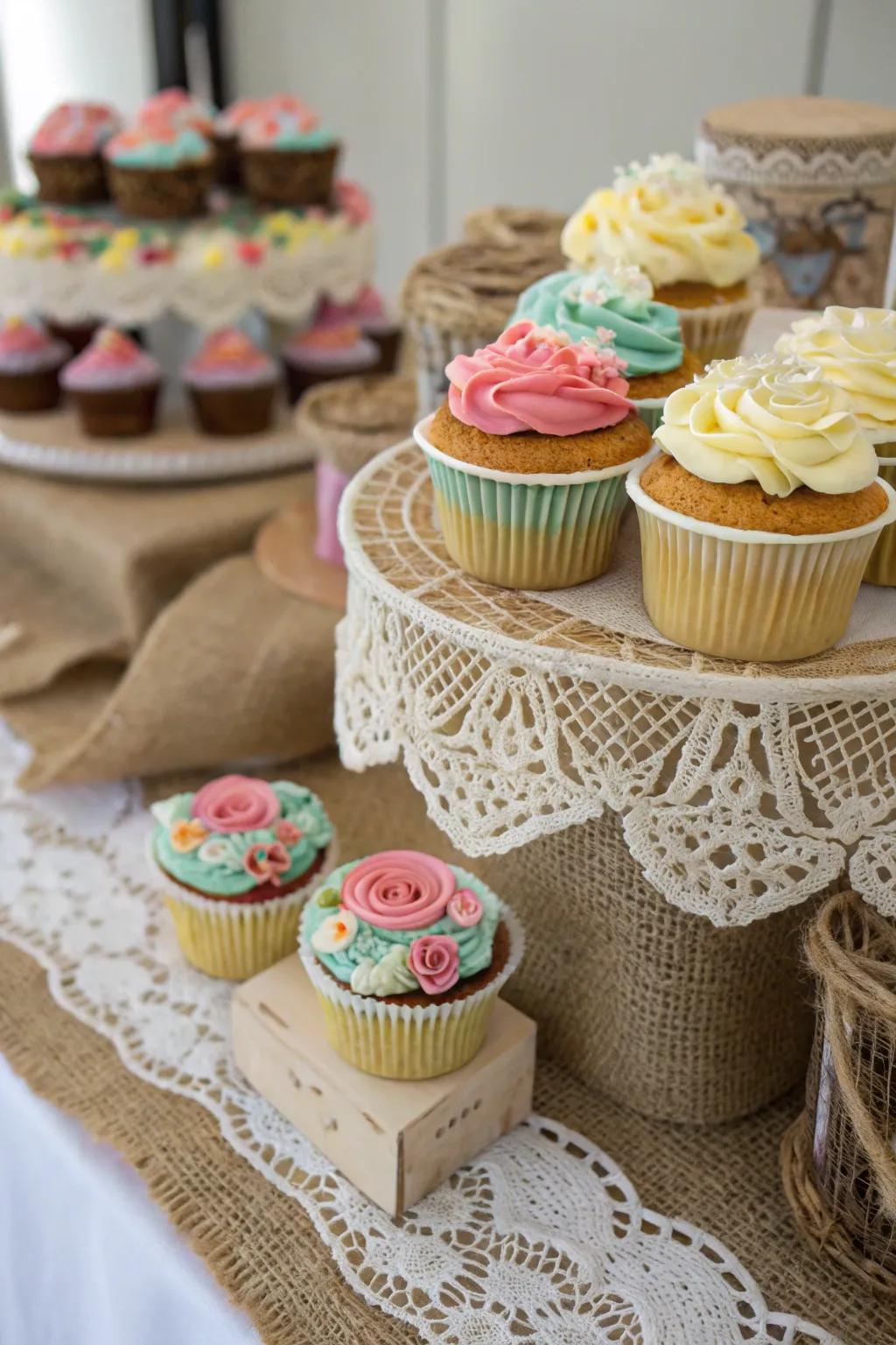 The cupcake display gains tactile and visual intrigue from the textured surfaces.