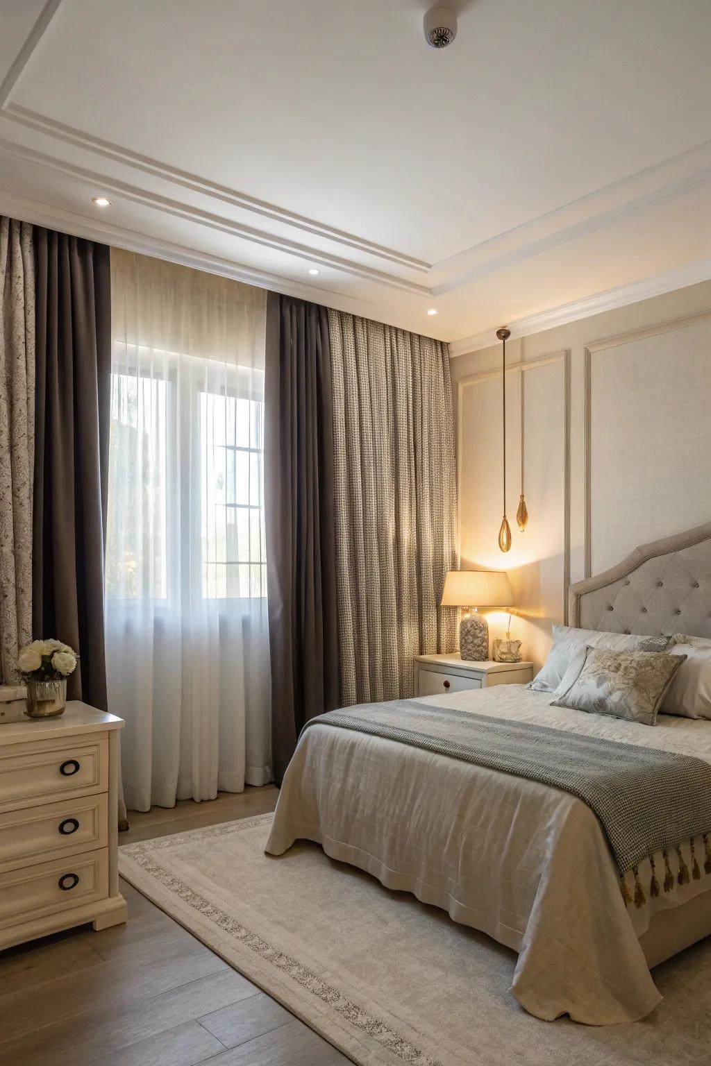 Blackout drapes provide seclusion and a dramatic contrast.