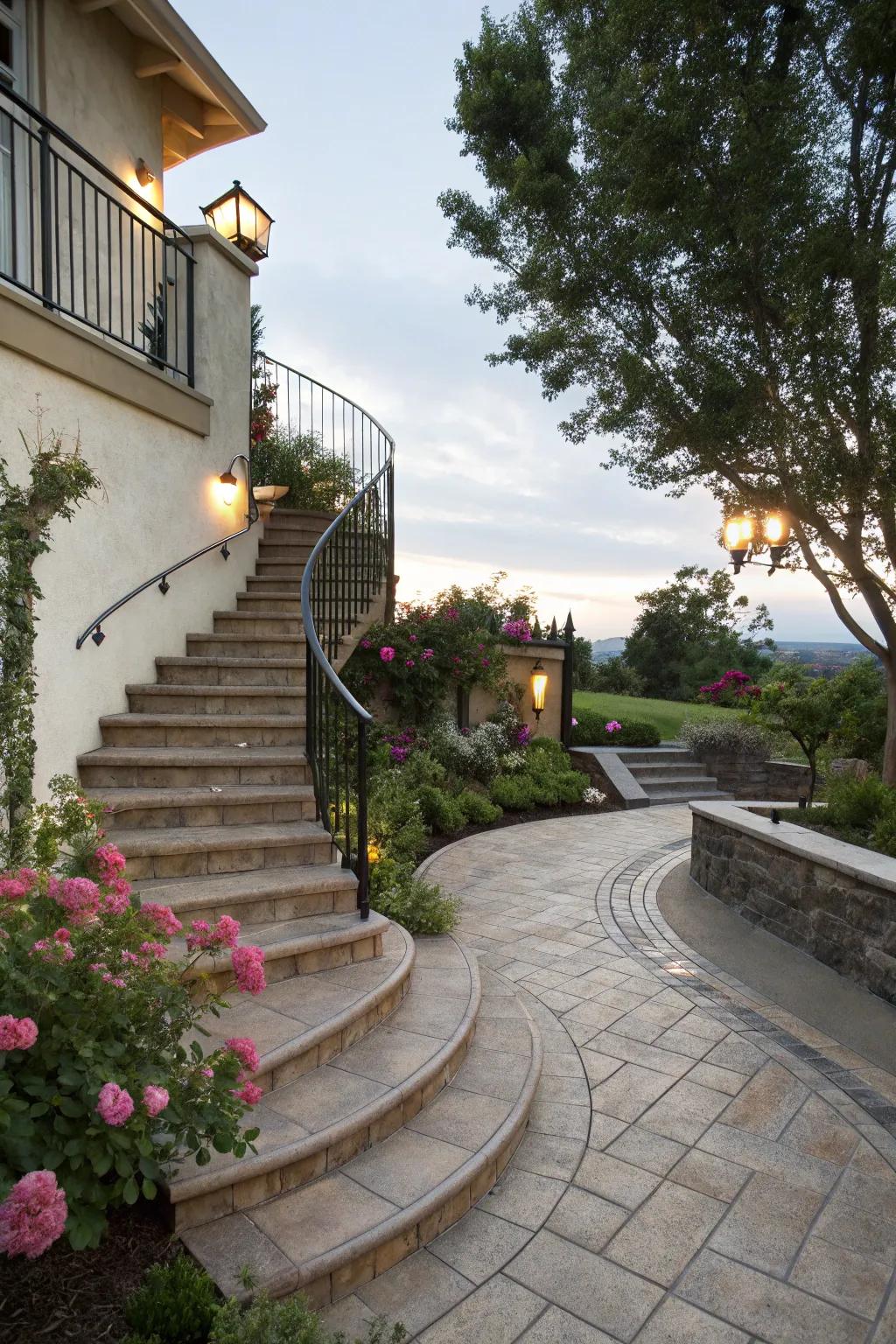 A striking patio entrance showcasing a beautifully curved staircase.