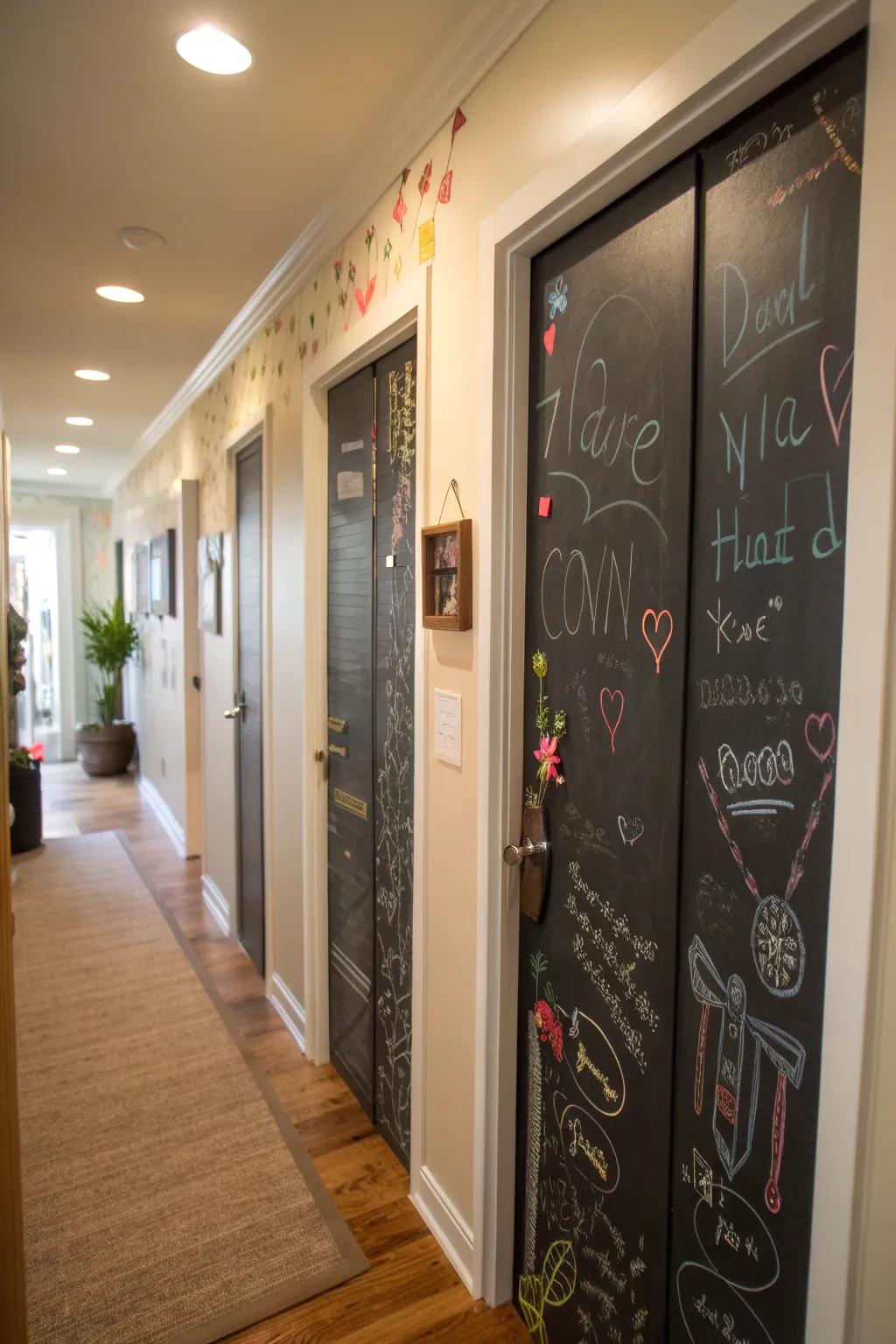 Interactive chalkboard door panels for personalized messages, adding a touch of whimsy.