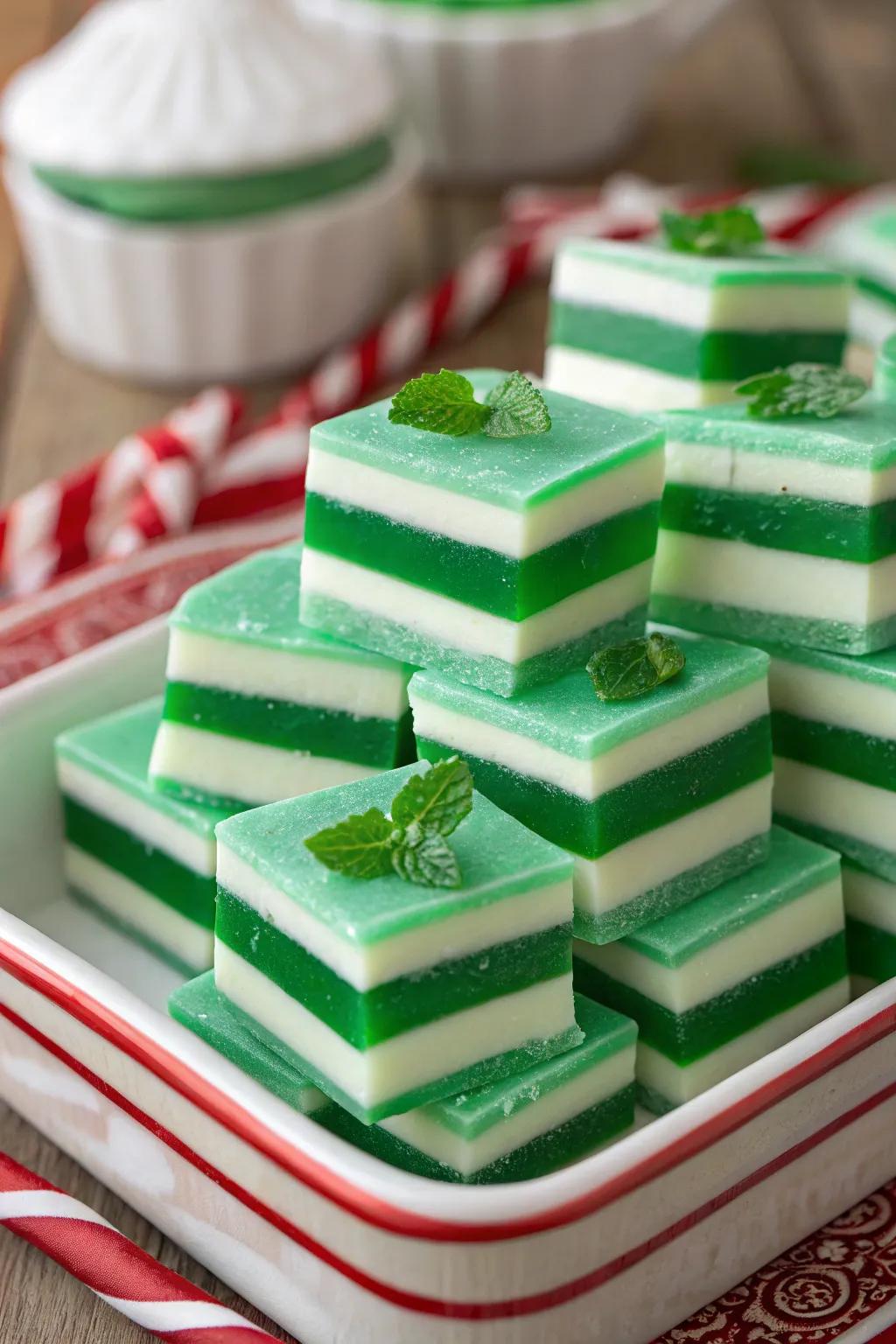 Revitalizing layered mint sweets, a visual and taste delight.