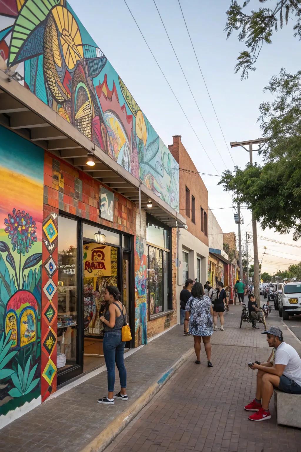 A shopfront adorned with local art, creating a community-centered cultural hub.