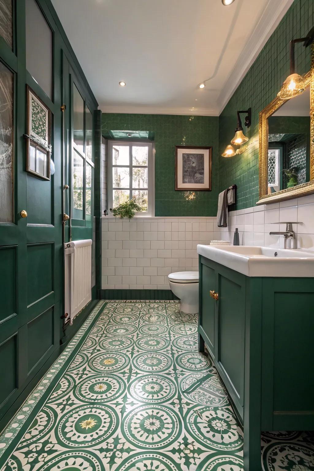Green patterned floor tiles bring visual interest.