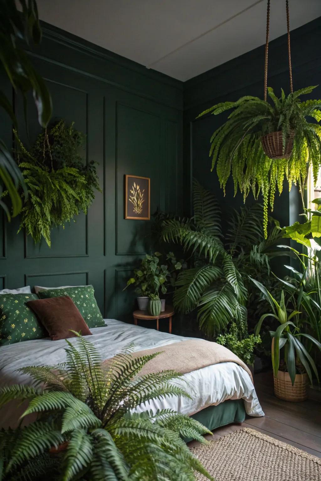 A shadowy jade bedroom infused with lush plants like ferns and palms.