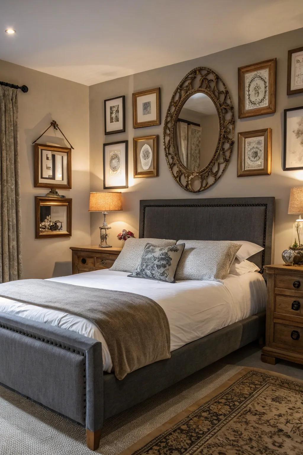 Reflectors reflect illumination and amplify the beauty of a grey-themed boudoir.