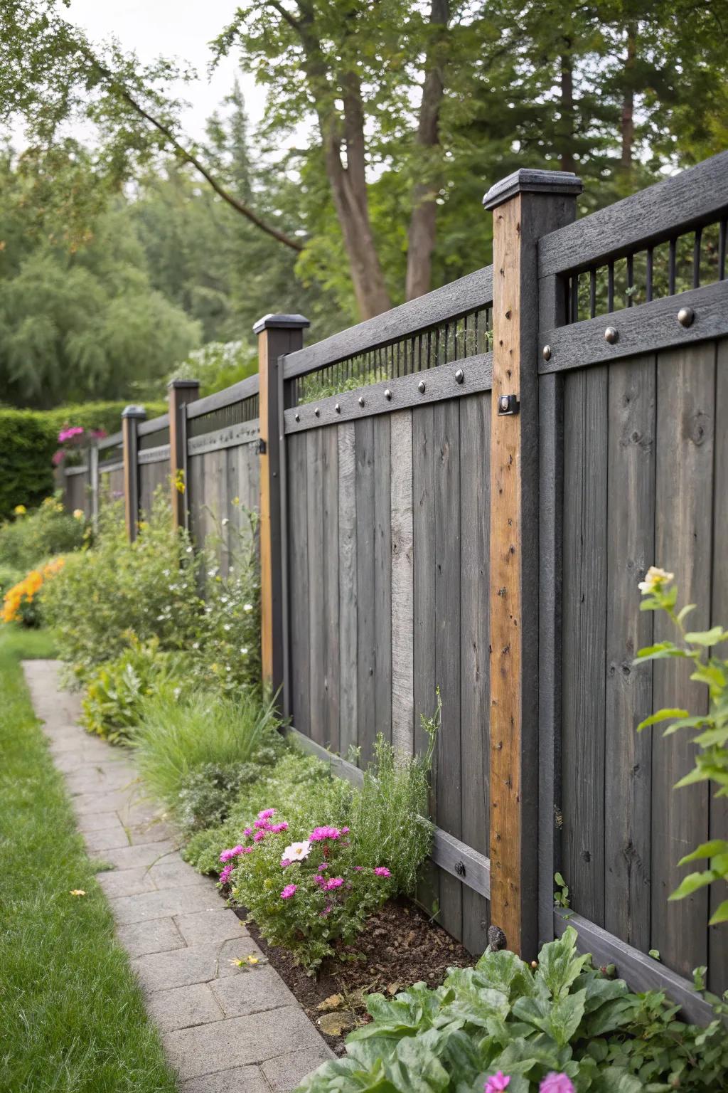 A textured garden look with a deep charcoal fence featuring mixed materials like wood and metal.