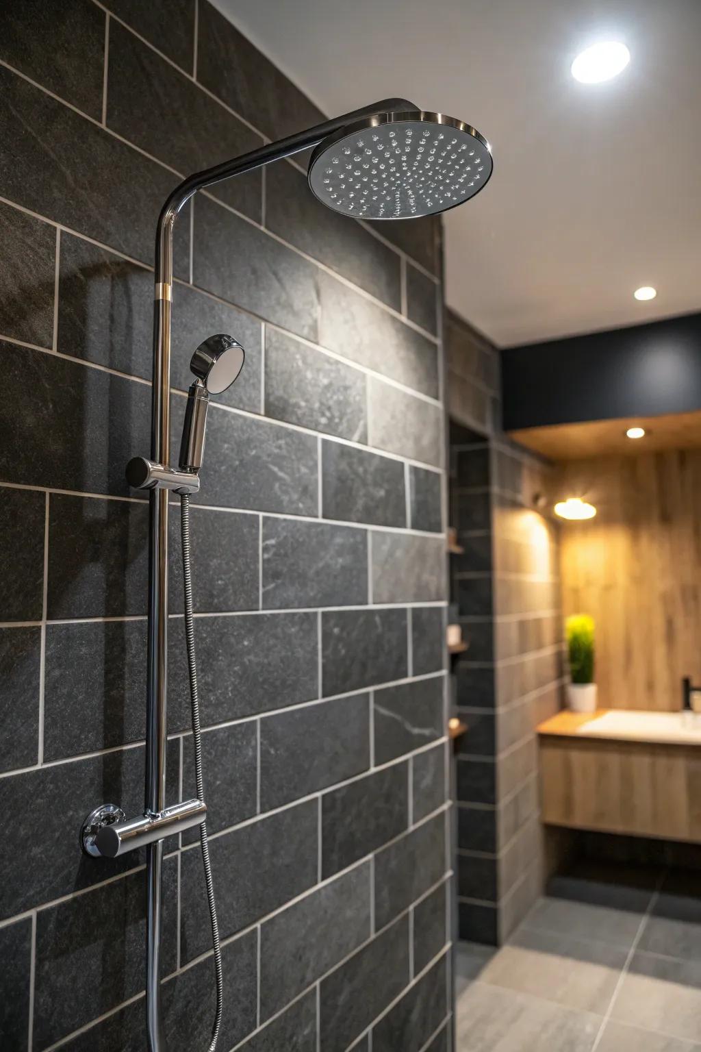 Lighting enhances the designs of deep charcoal panes, making a vibrant look.