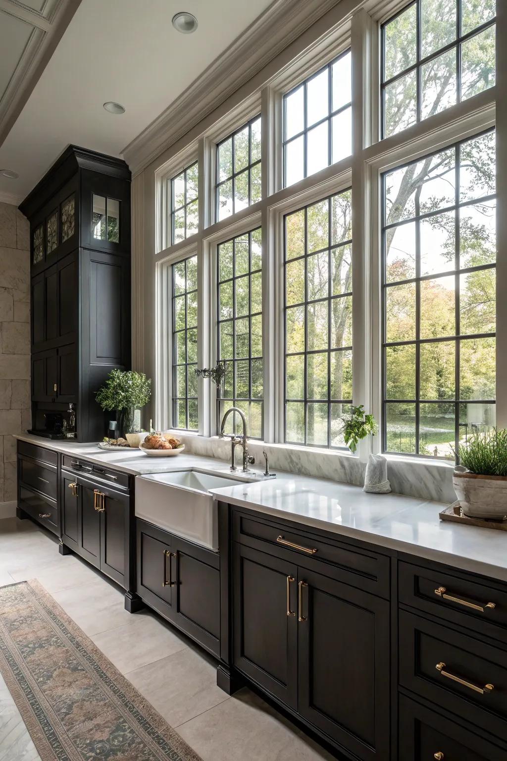 Natural light brightens and balances the effect of deep-toned kitchen cabinets.