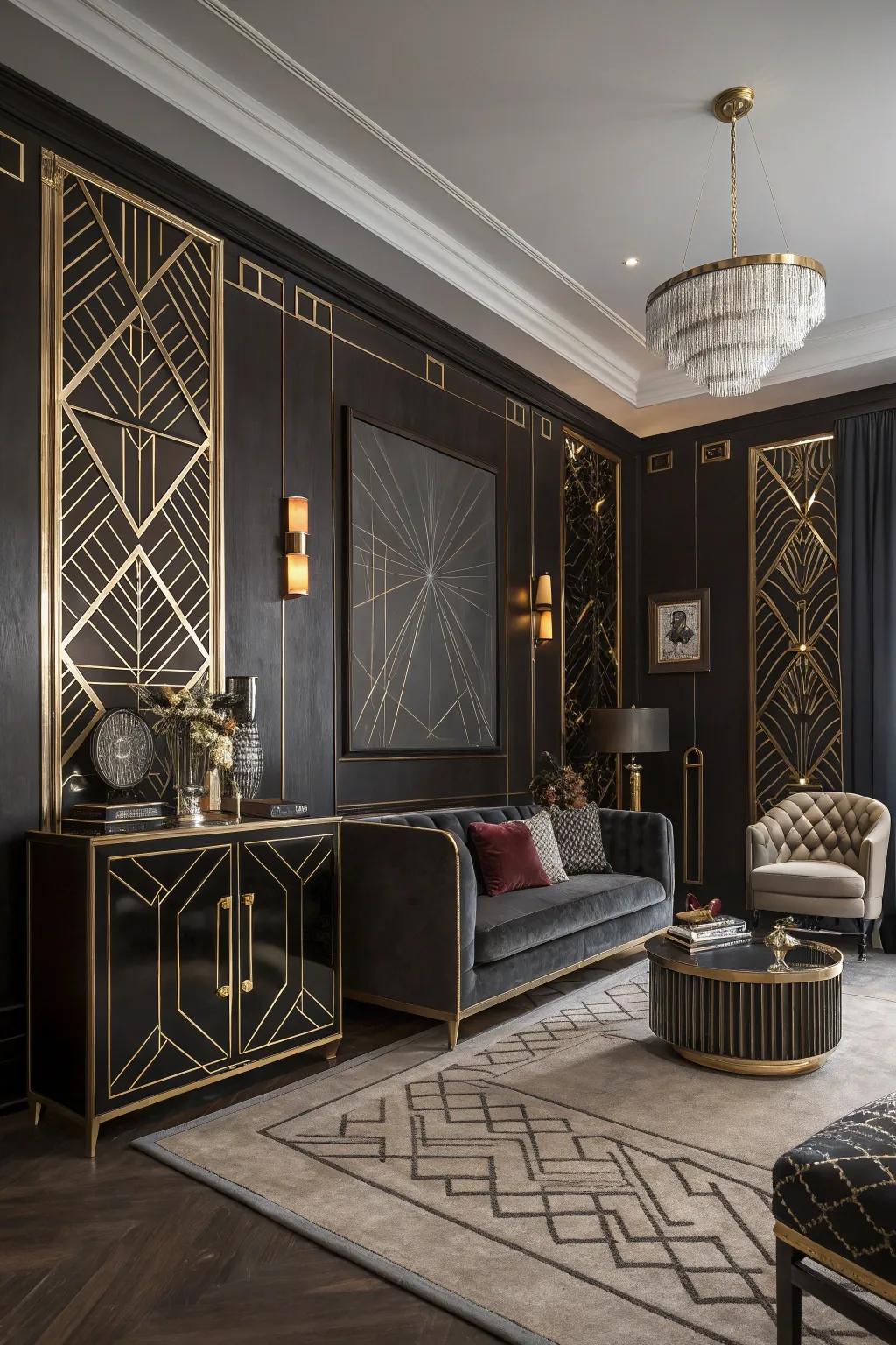 A glamorous Art Deco living room with bold, dark elements.