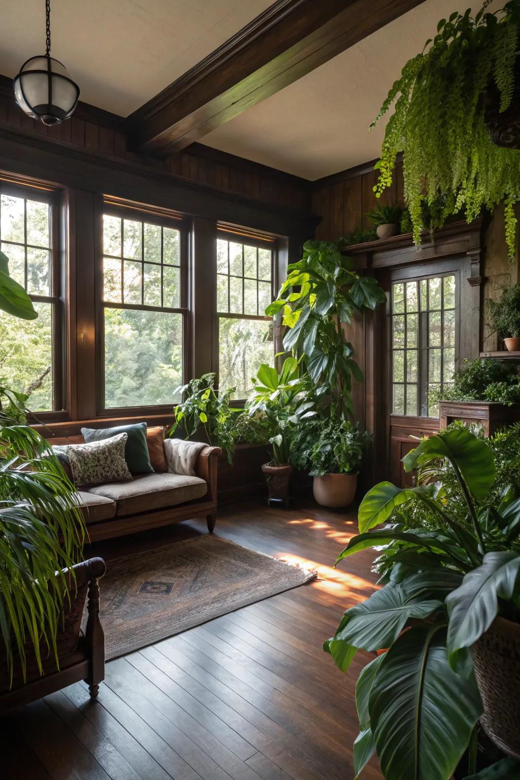 Green elements go well with the rich shades of wooden floors.