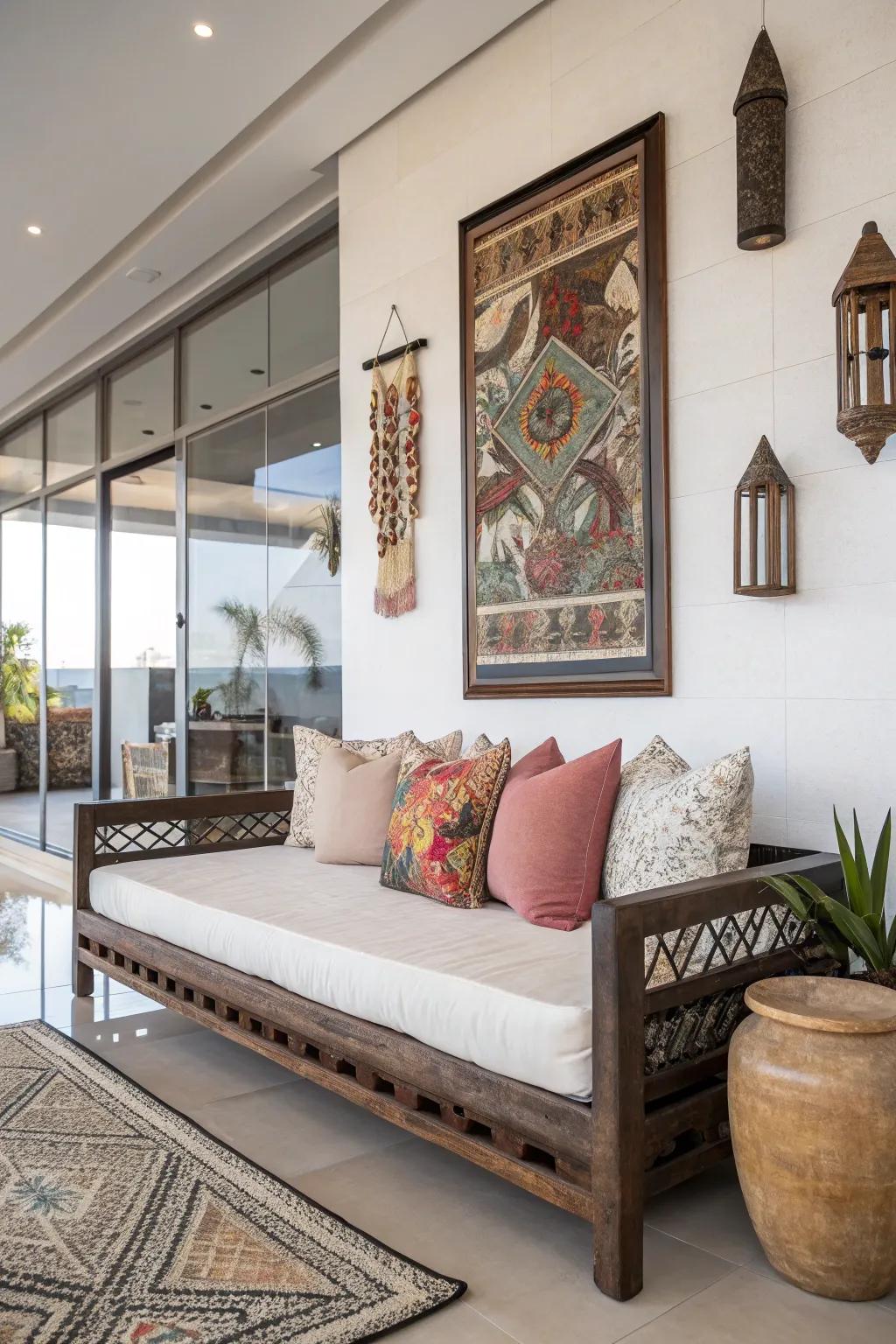 Distinctive art serves as an artistic point of focus for the daybed.