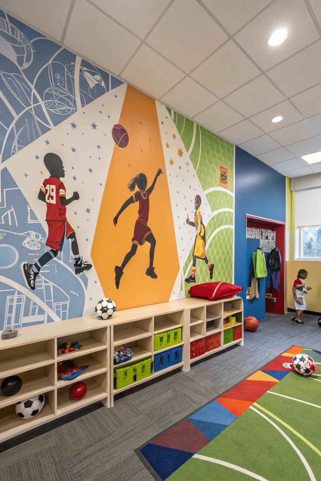 A daycare room energized by dynamic sports-themed wallpaper.
