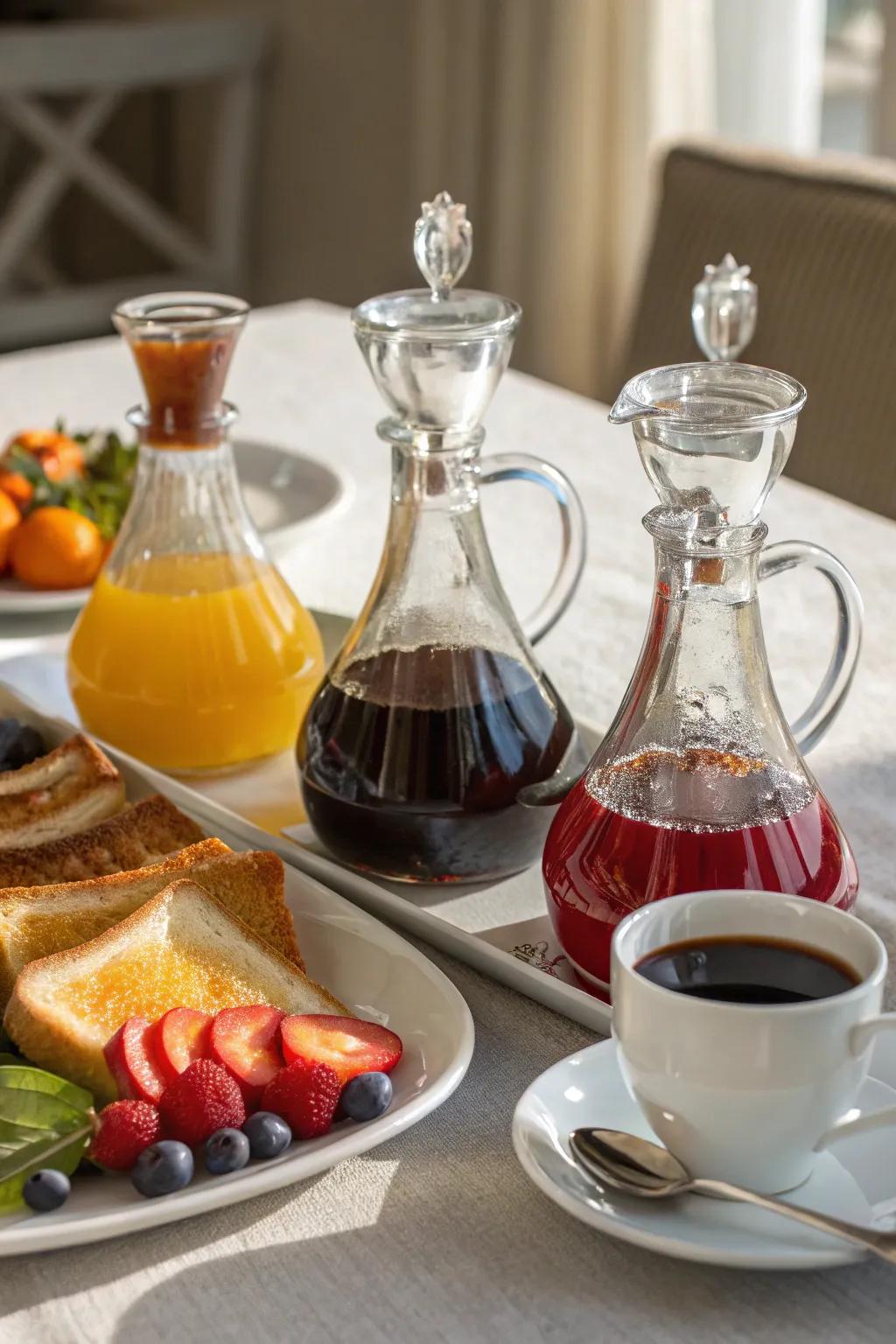 A breakfast table featuring elegant vessels for serving syrups.