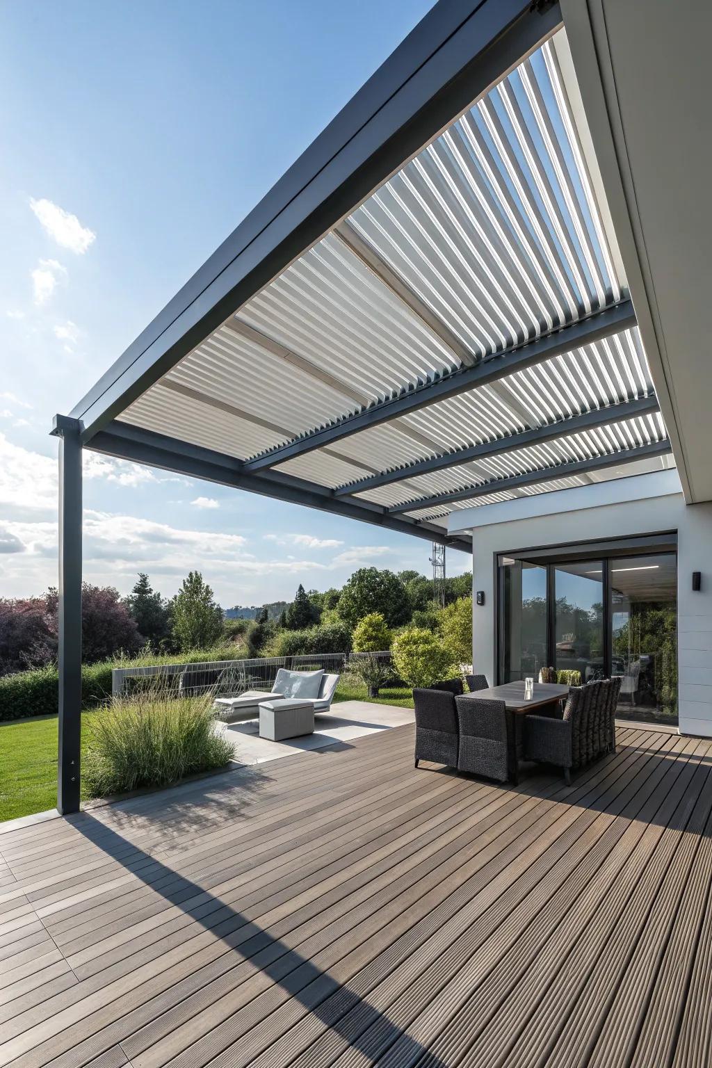 Louvered roofs supply adaptable shade for shifting atmospheric conditions.